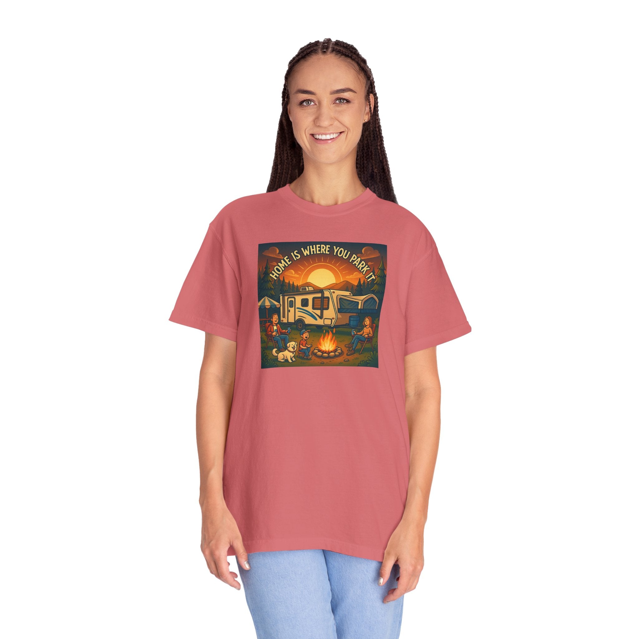 Home Is Where You Park T-shirt - Unisex Garment-Dyed Tee for Campers, Adventure Lovers, Outdoor Enthusiasts, Gift Idea