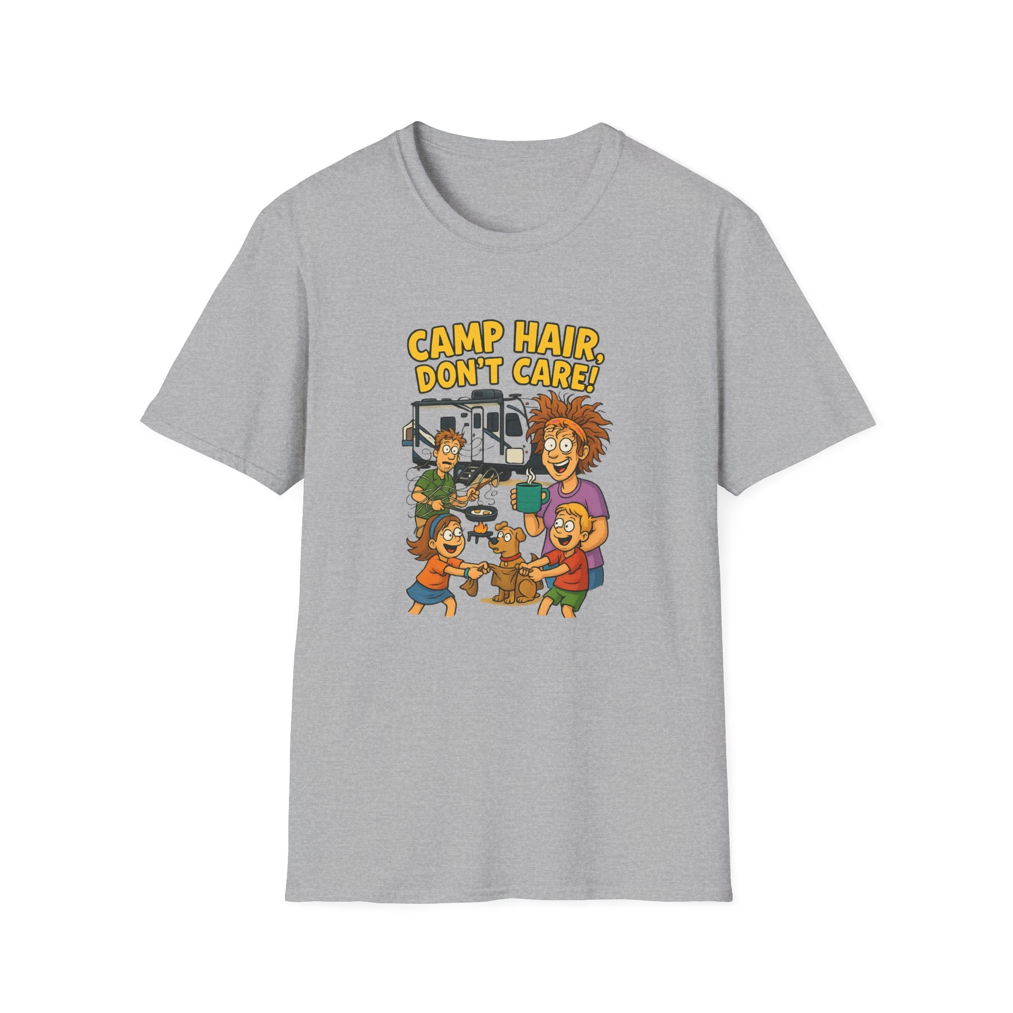 Camp Hair Don't Care Unisex Softstyle T-Shirt - Fun Summer Vibes for Campers