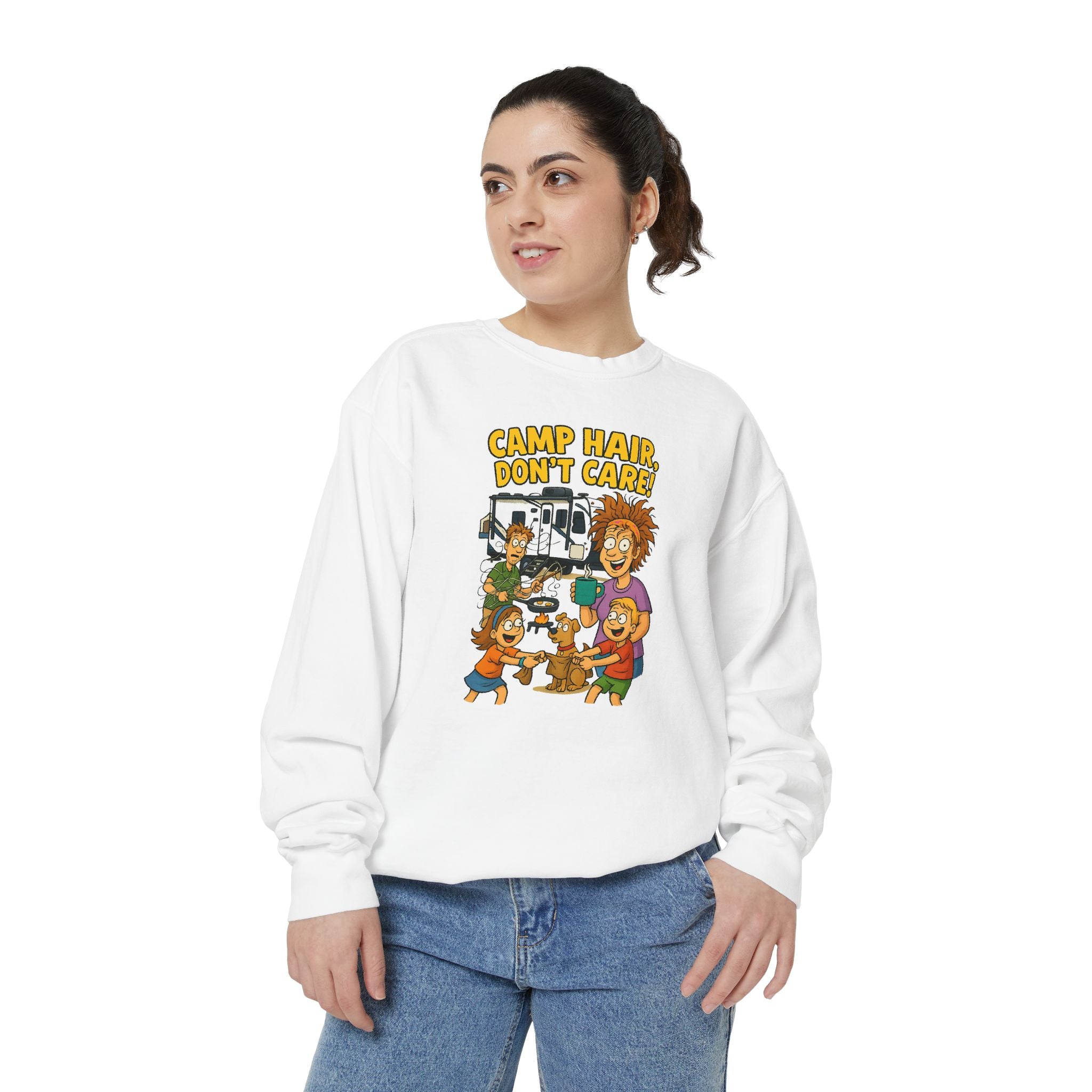 Camp Hair Don't Care Sweatshirt, Cozy Unisex Sweater, Perfect for Campers, Gift for Travel Lovers, Casual Outfit, All Season