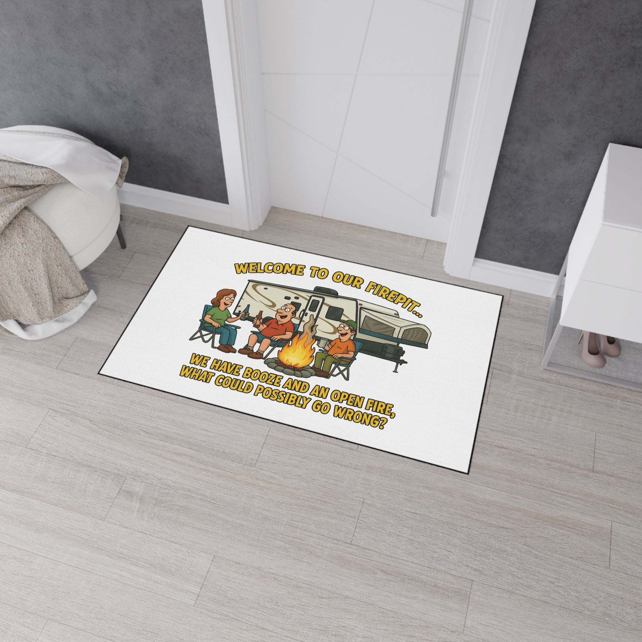 Camping Humor Floor Mat, Welcome to Our Firepit Mat, Outdoor Rug, Camping Decor, Funny Doormat, RV Accessories