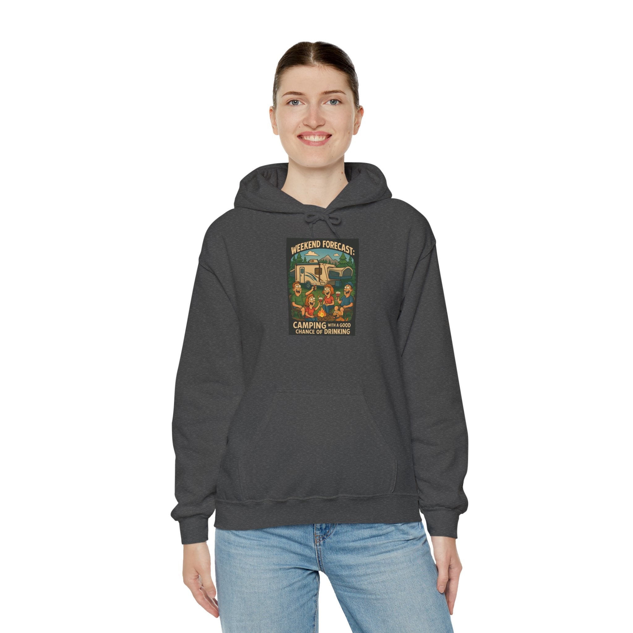 Camping Forecast Graphic Hoodie, Unisex Heavy Blend Sweatshirt, Outdoor Apparel, Weekend Getaway Gift, Nature Lover Clothing
