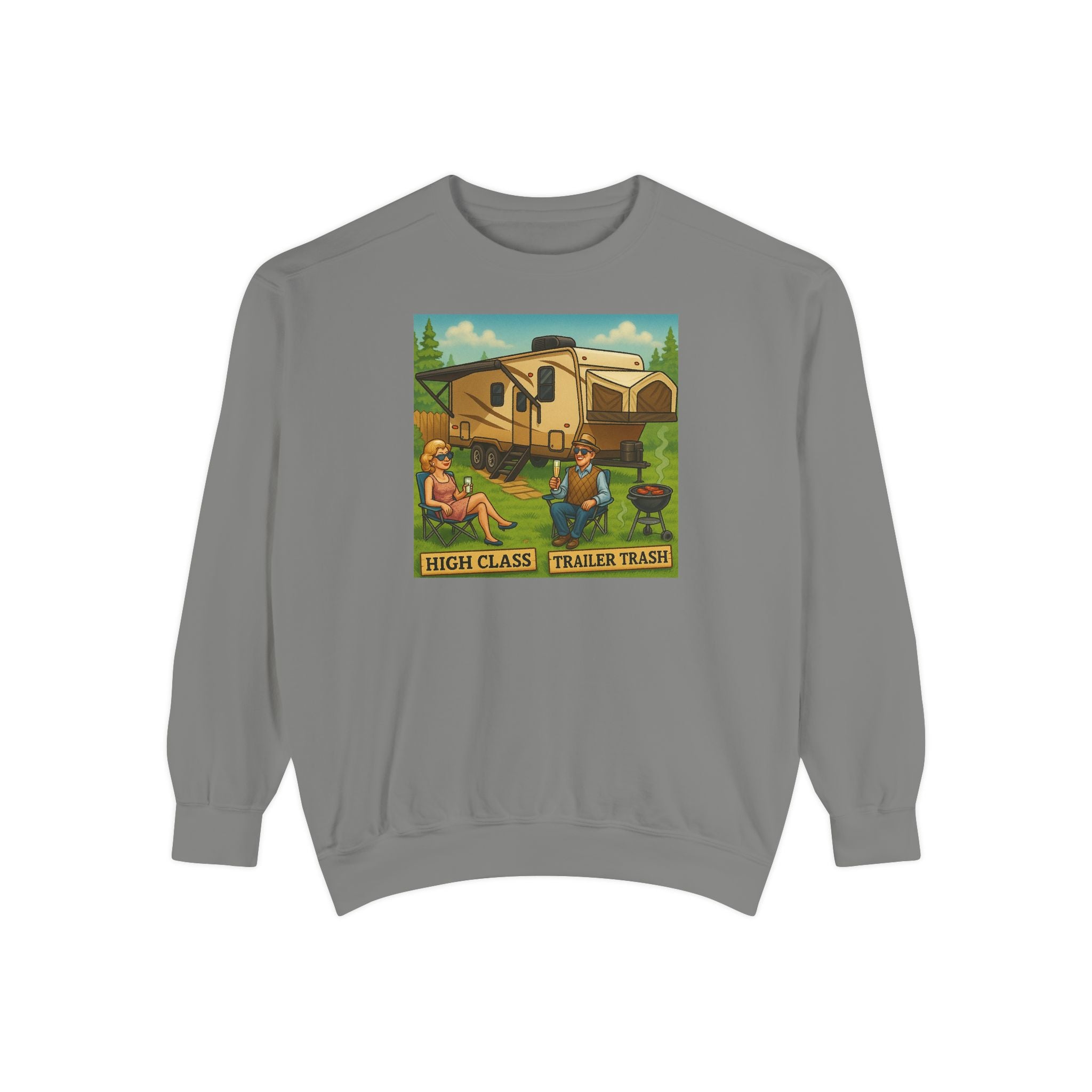 Vintage-Inspired Unisex Sweatshirt with 'High Class Trail Trash' Design