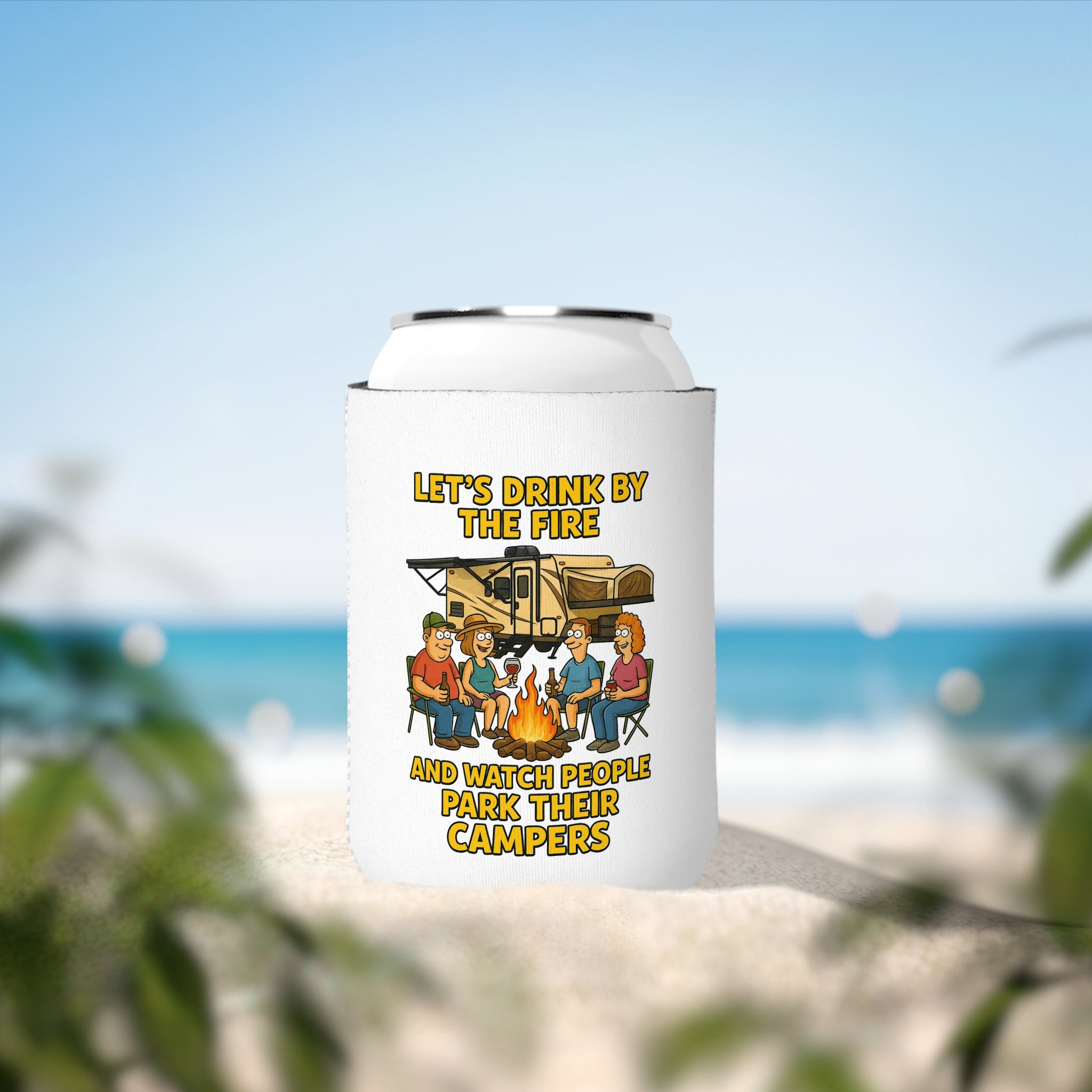 Campfire Can Cooler Sleeve - Fun Outdoor Drink Holder for Camping, RV Life, Beer Lover Gift, Summer BBQs, Backroad Adventures