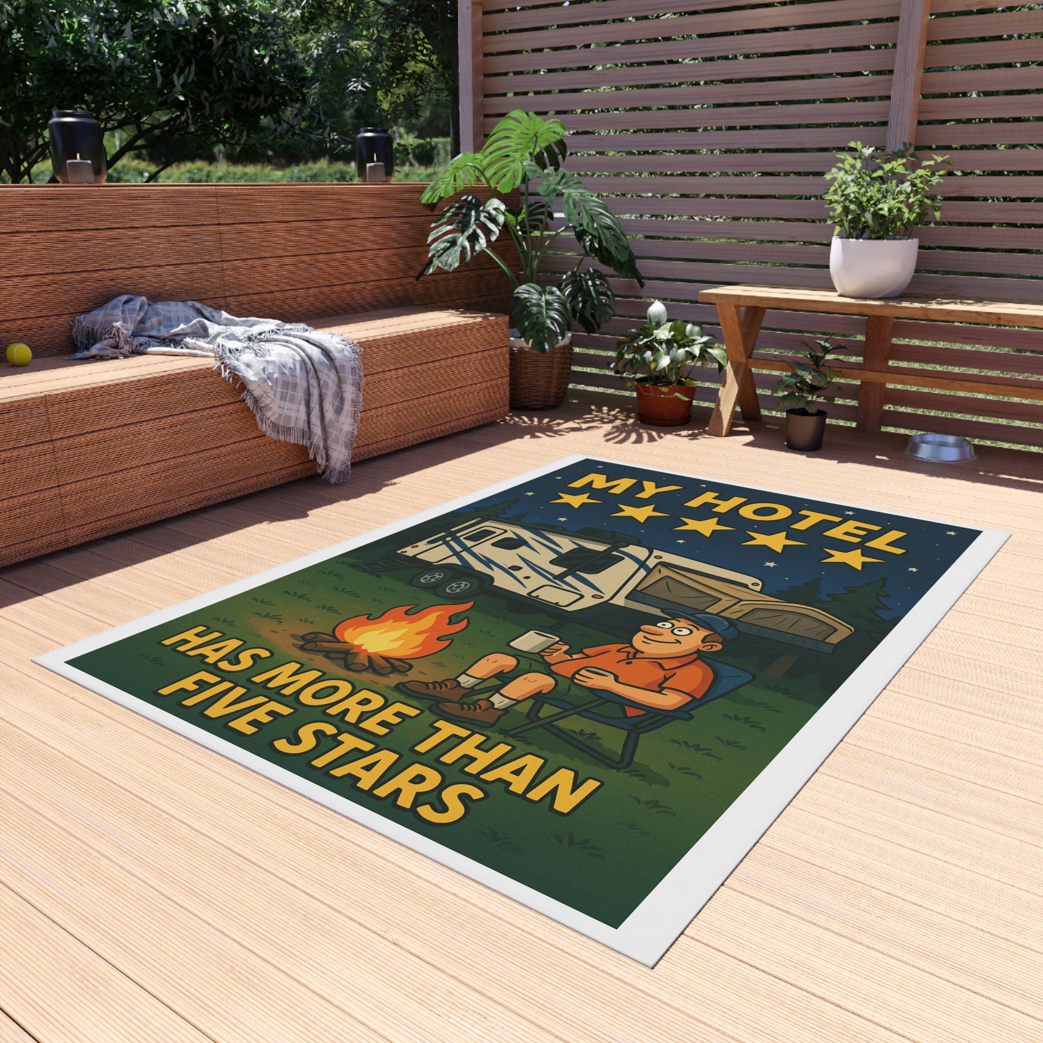 Camping Outdoor Rug, Fun Retro Style Rug, My Hotel Has More Than Five Stars, Perfect for Campers, Patio Decor, RV Accessories