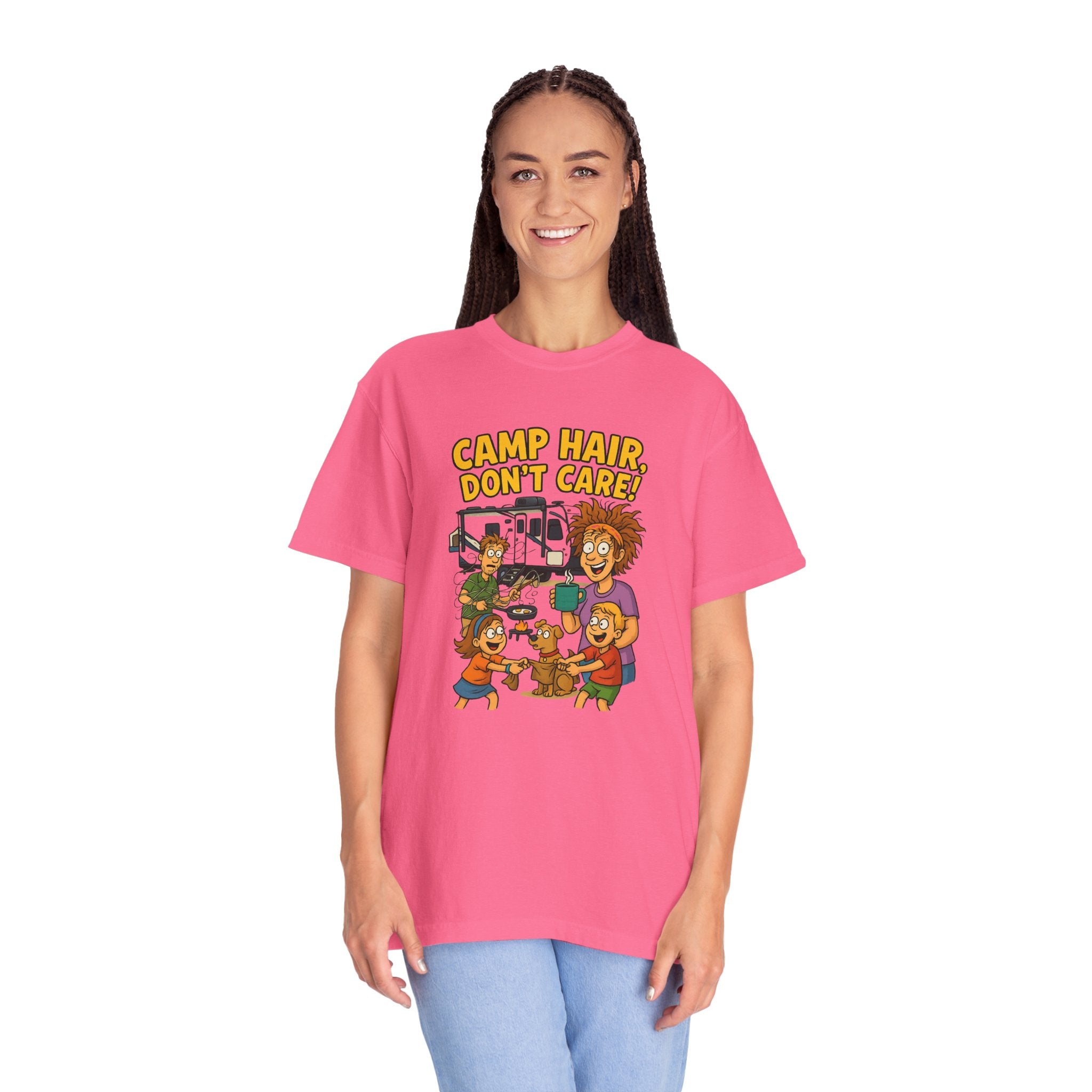 Camp Hair Don't Care T-Shirt, Unisex Garment-Dyed Tee, Camping Apparel, Funny Summer Shirt, Outdoor Lovers Gift, Vacation Essential