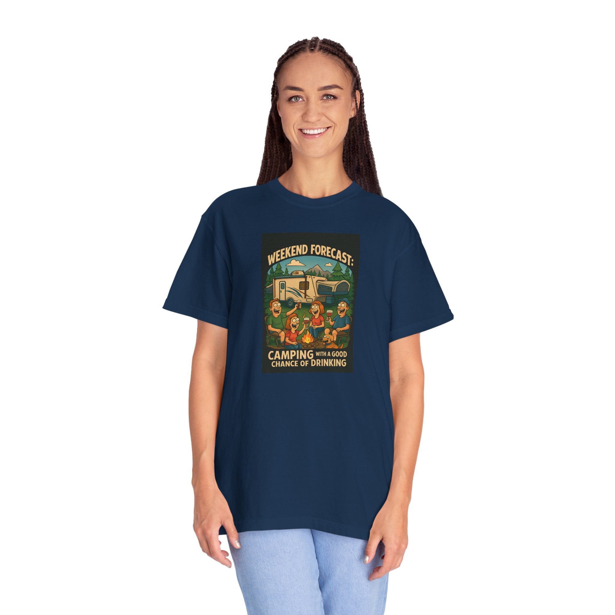 Camping Forecast T-Shirt, Unisex Graphic Tee, Gift for Campers, Outdoor Adventure Apparel, Weekend Getaway Shirt, Nature Lover's Tee