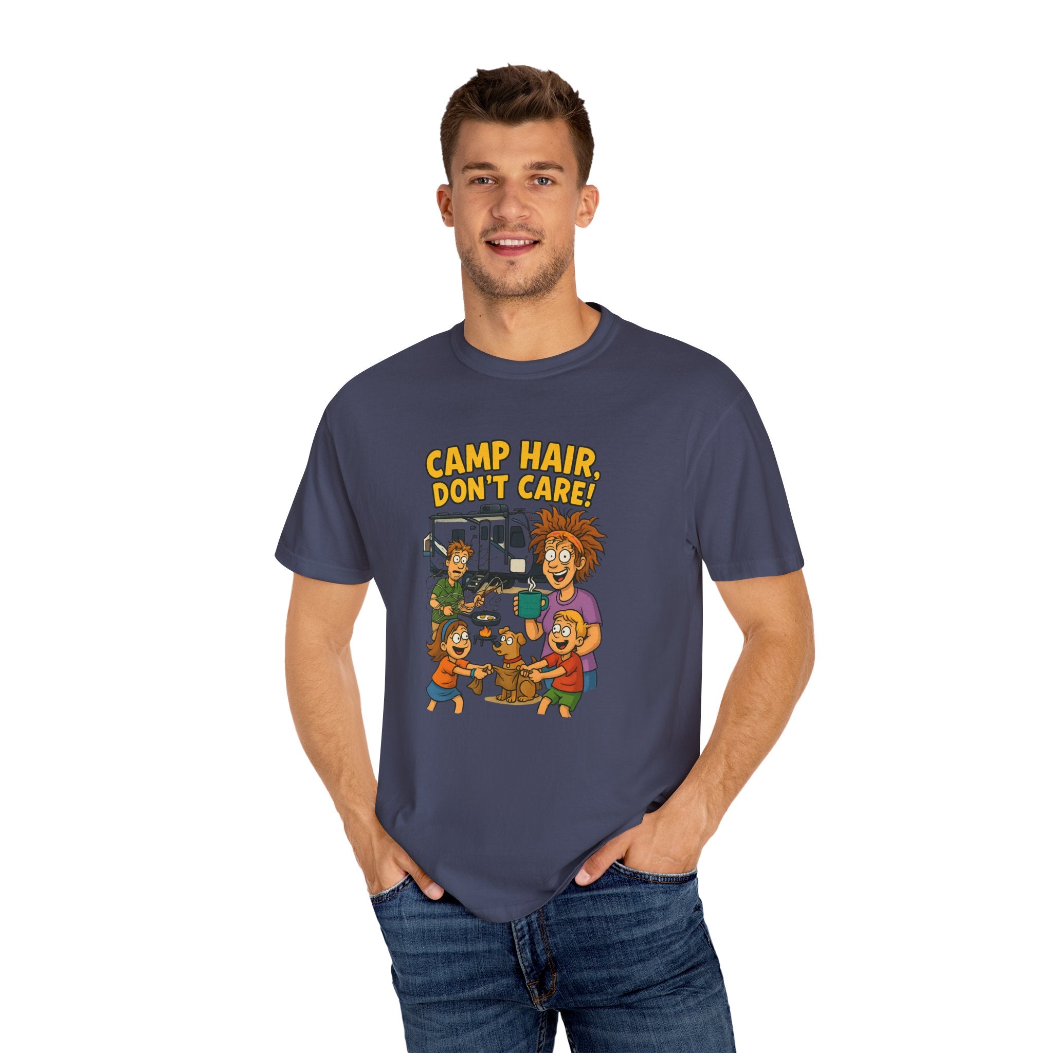 Camp Hair Don't Care T-Shirt, Unisex Garment-Dyed Tee, Camping Apparel, Funny Summer Shirt, Outdoor Lovers Gift, Vacation Essential