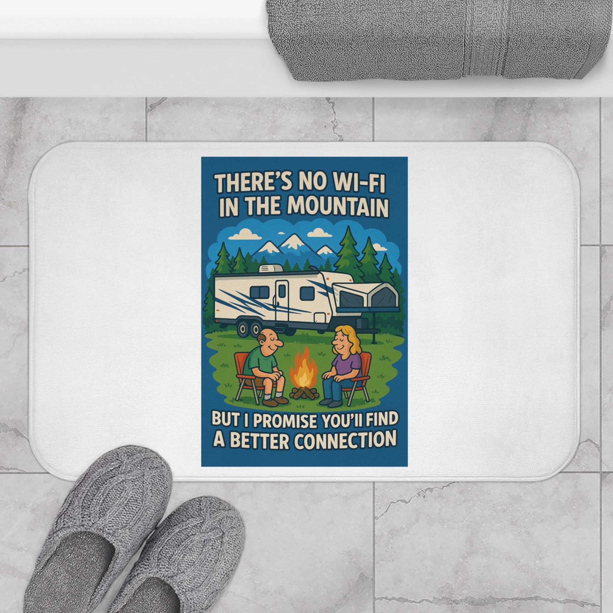 Camping Inspirational Bath Mat, Rustic Home Decor, Outdoor Enthusiast Gift, Cabin Bathroom Rug, Glamping Accessory, Unique Gift Idea