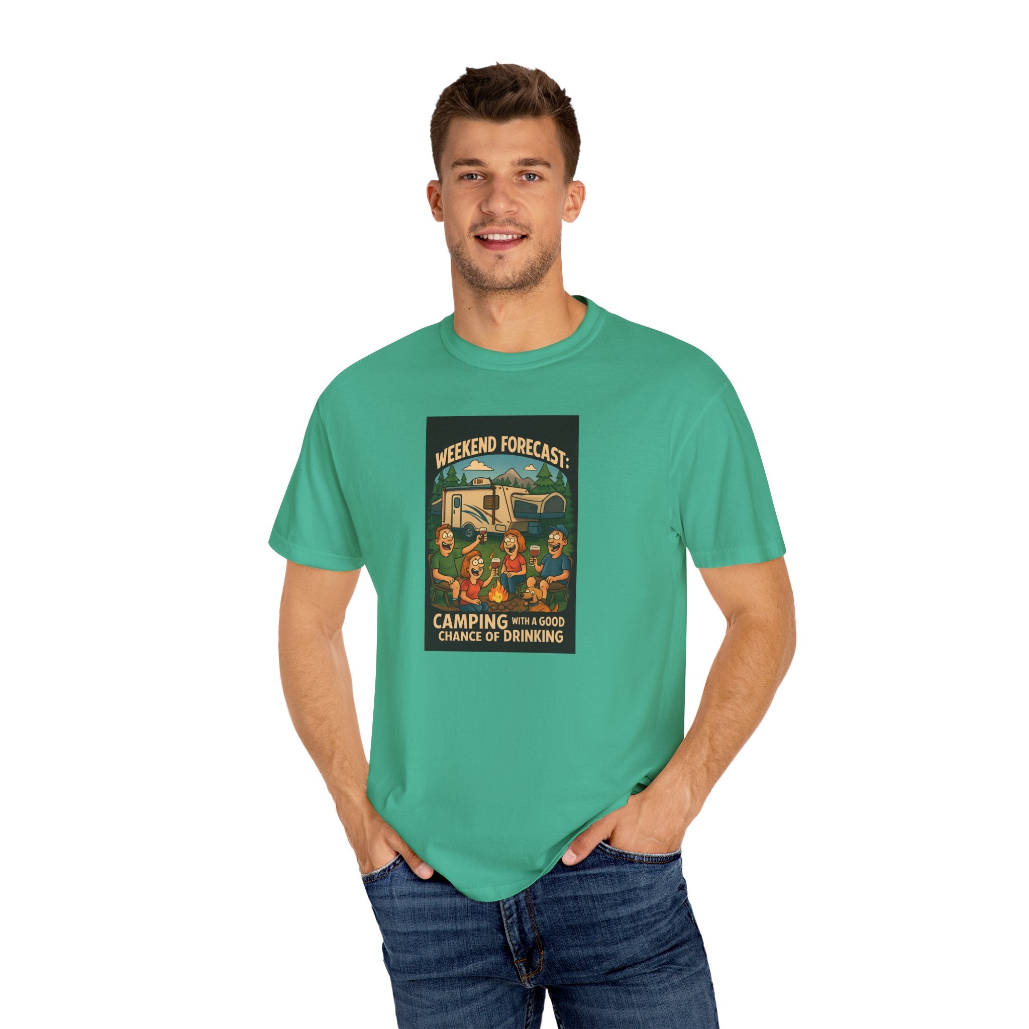 Camping Forecast T-Shirt, Unisex Graphic Tee, Gift for Campers, Outdoor Adventure Apparel, Weekend Getaway Shirt, Nature Lover's Tee