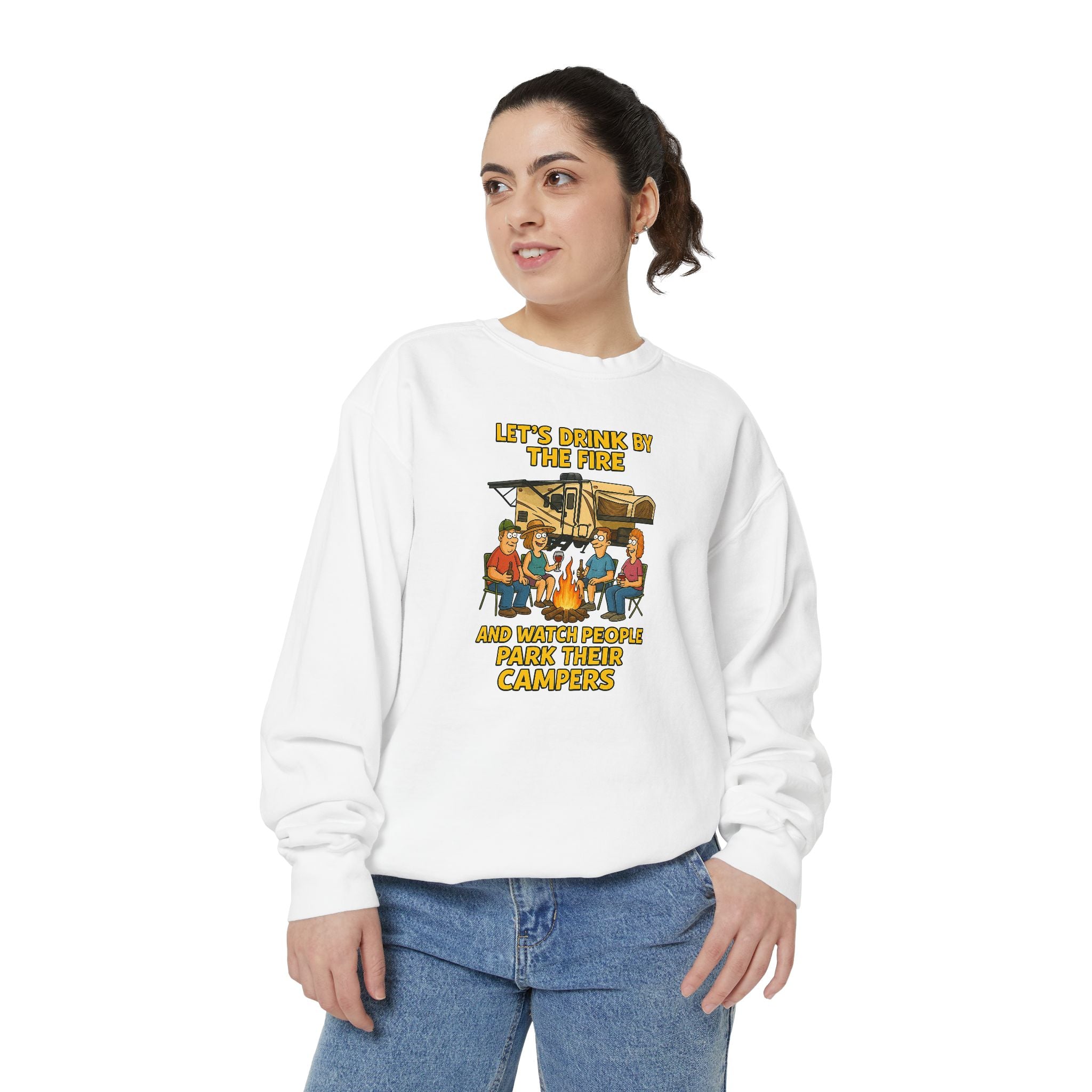 Cozy Campfire Sweatshirt - Let’s Drink by the Fire, Unisex Pullover, Perfect for Bonfires, Camping Trips, Outdoor Gatherings, Cozy Nights