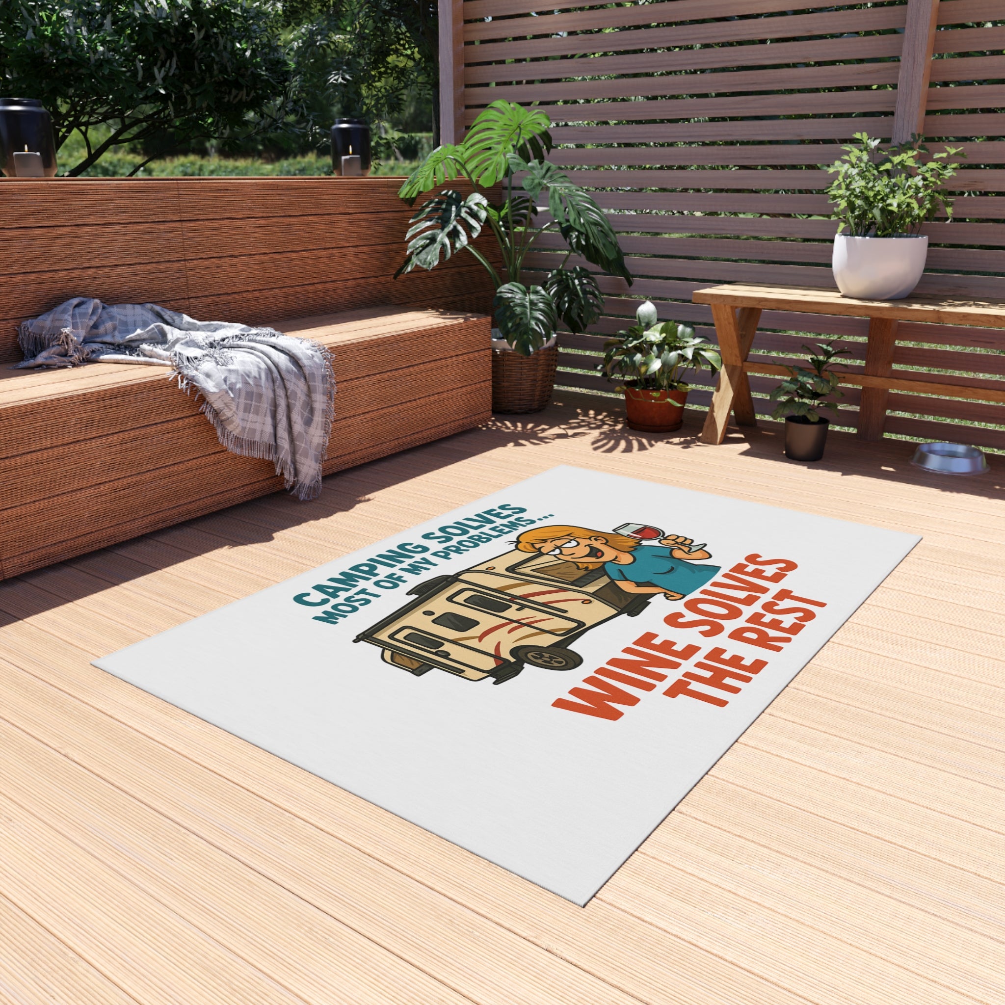 Camping Outdoor Rug - Wine Solves the Rest, Patio Decor, RV Accessories, Outdoor Living, Camping Gear