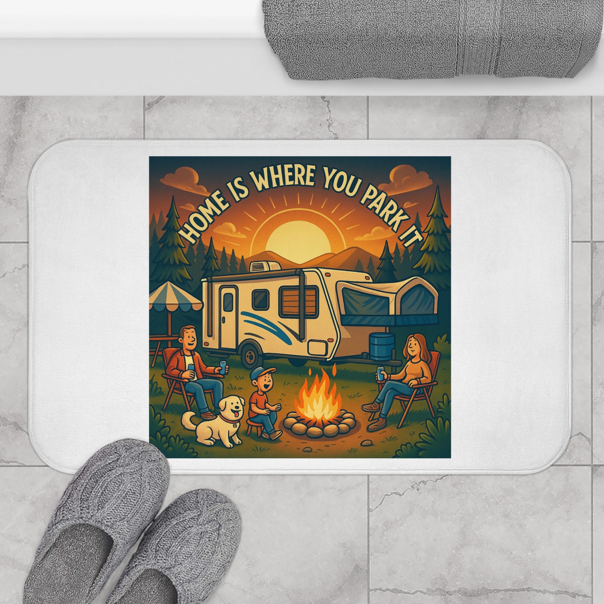 Cozy RV Campfire Bath Mat, Camper Decor, Home is Where You Park It Mat, Camping Gift, Outdoor Enthusiast Bath Rug, Adventure Bathroom Mat