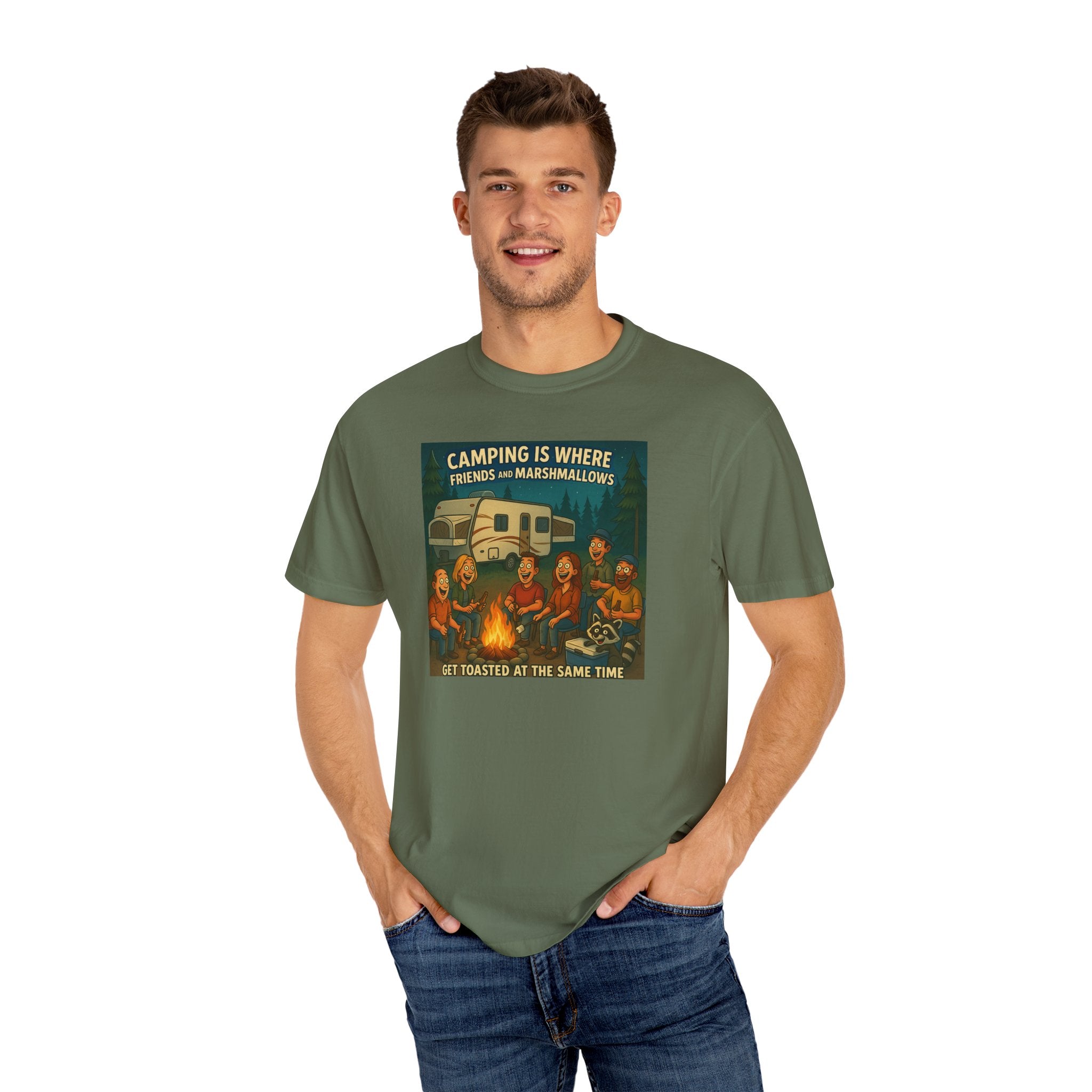 Camping T-Shirt: Get Toasted with Friends, Unisex Garment-Dyed Tee, Outdoor Adventure Shirt, Camping Gift, Summer BBQ Shirt, Family [...]