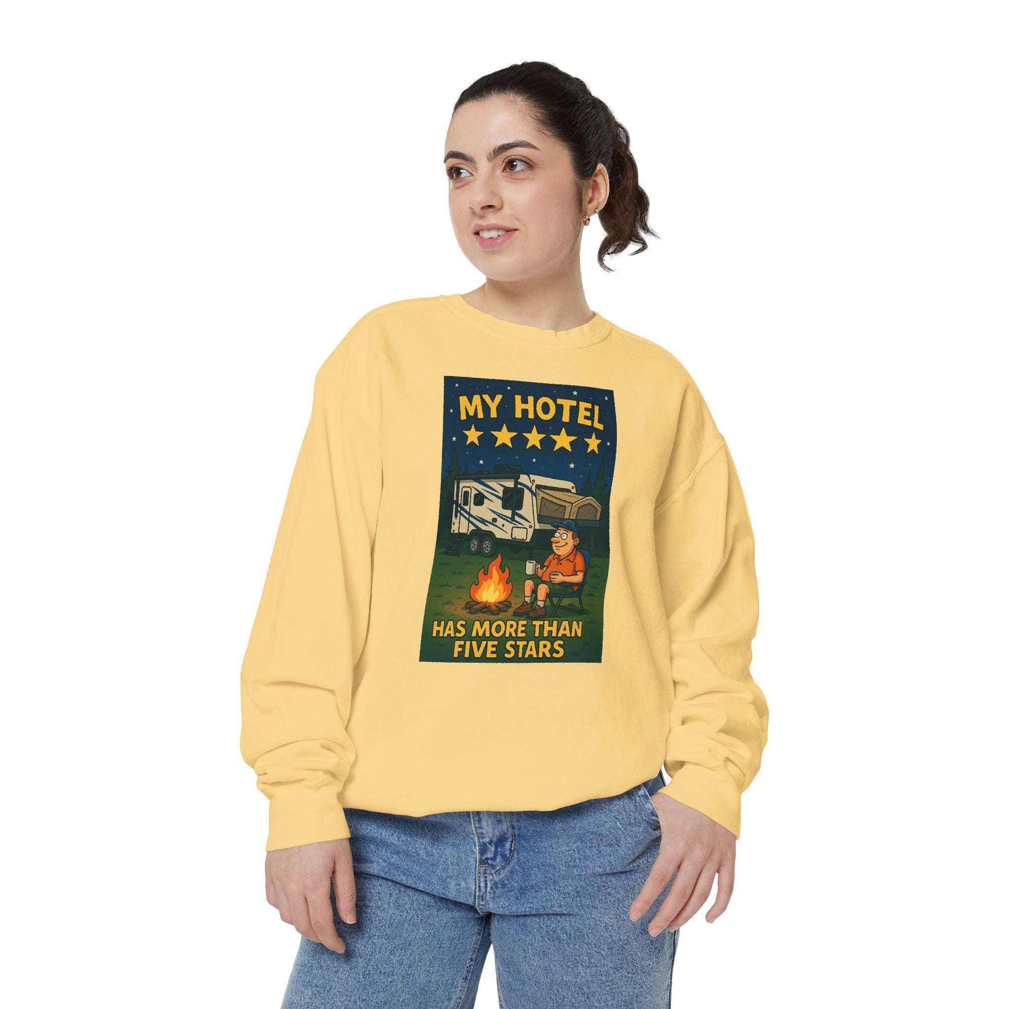 My Hotel Sweatshirt - Cozy Camping Apparel, Unisex Garment-Dyed Sweatshirt for Outdoor Lovers, Perfect for Bonfire Nights, Gift for Campers