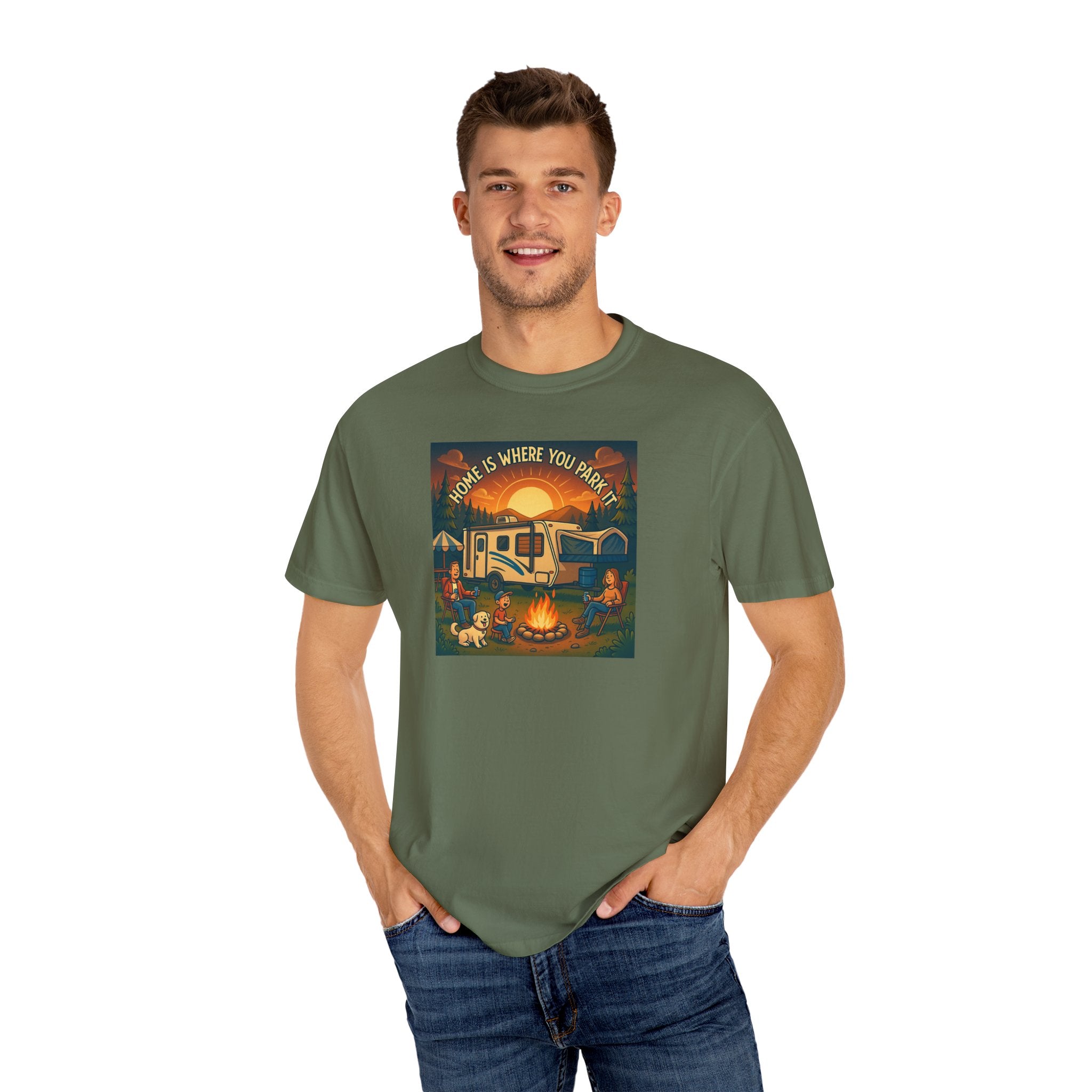 Home Is Where You Park T-shirt - Unisex Garment-Dyed Tee for Campers, Adventure Lovers, Outdoor Enthusiasts, Gift Idea