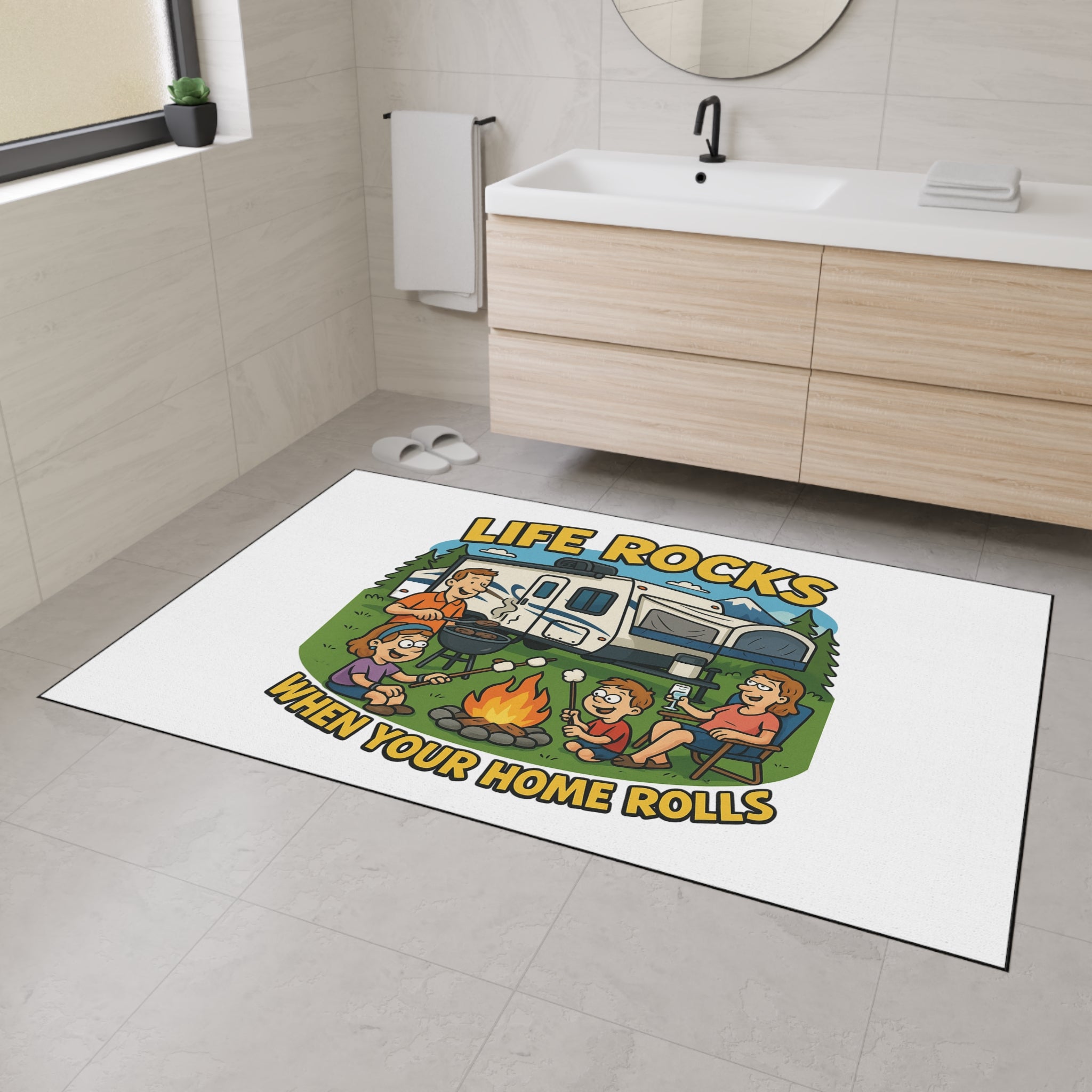 Stylish Camping Floor Mat - 'Life Rocks When Your Home Rolls' Cozy Outdoor Rug, RV Decor, Family Gathering Pad, Campfire Mat, Fun [...]