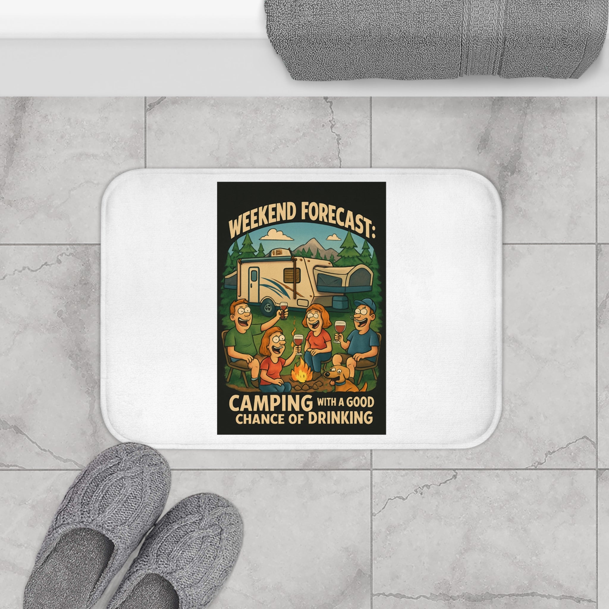 Weekend Forecast Camping Bath Mat, Fun Bath Mat for Campers, Outdoor Bath Decor, Gift for Camping Lovers, Bathroom Accessories