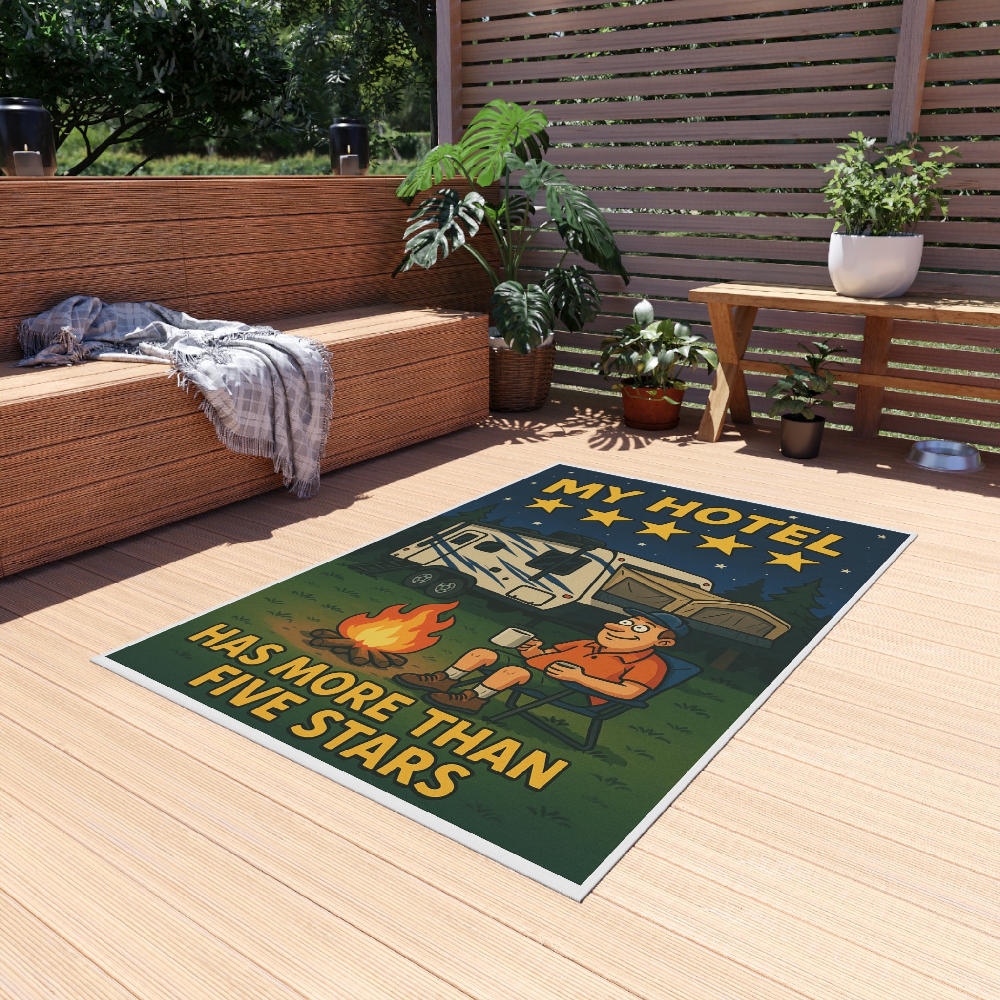 Camping Outdoor Rug, Fun Retro Style Rug, My Hotel Has More Than Five Stars, Perfect for Campers, Patio Decor, RV Accessories