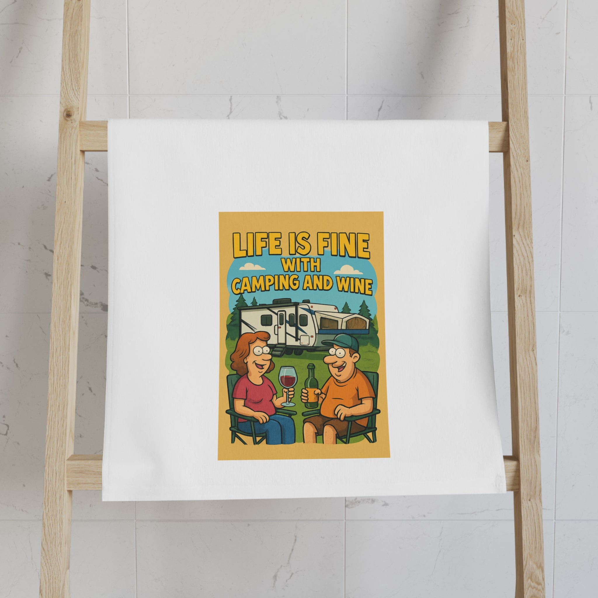 Camping and Wine Hand Towel, Life is Fine Dish Towel, Fun Kitchen Decor, Gift for Campers, Outdoor Enthusiast Gift