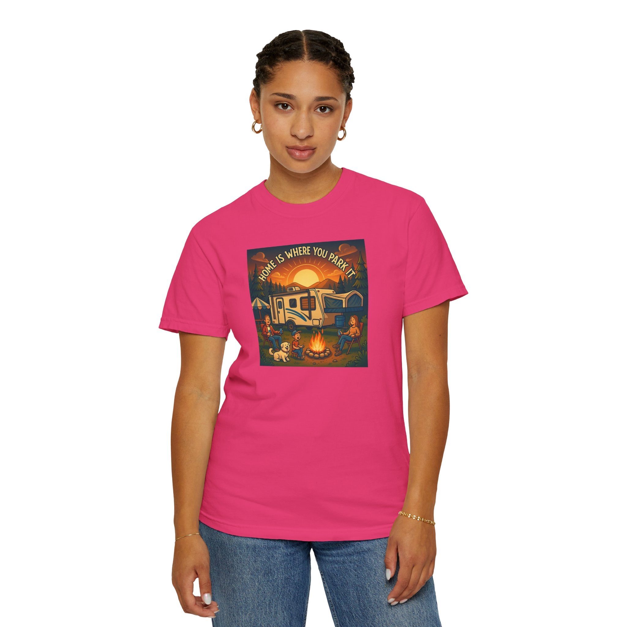 Home Is Where You Park T-shirt - Unisex Garment-Dyed Tee for Campers, Adventure Lovers, Outdoor Enthusiasts, Gift Idea