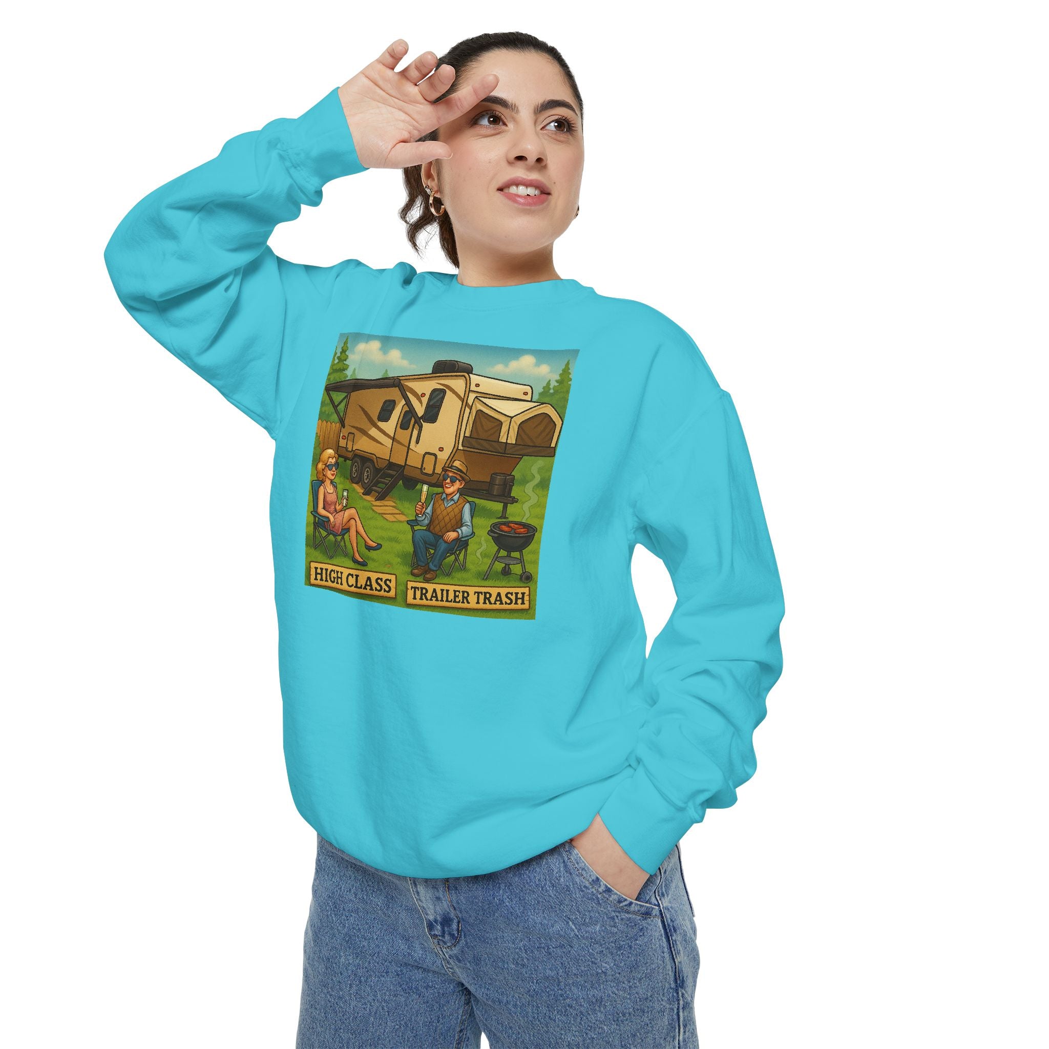 Vintage-Inspired Unisex Sweatshirt with 'High Class Trail Trash' Design
