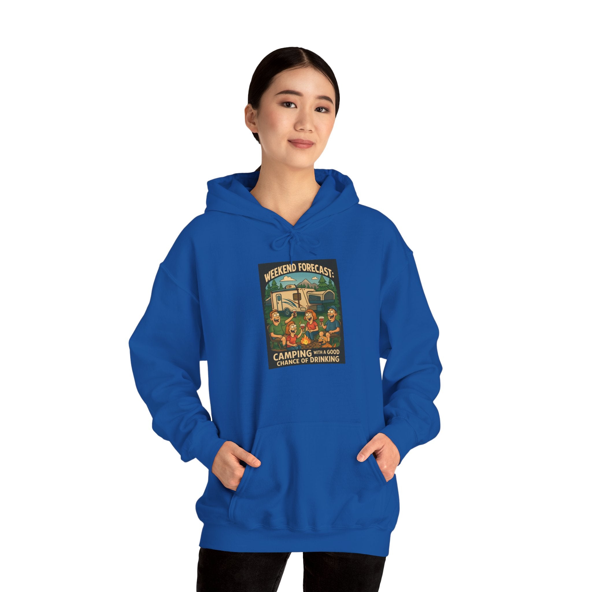 Camping Forecast Graphic Hoodie, Unisex Heavy Blend Sweatshirt, Outdoor Apparel, Weekend Getaway Gift, Nature Lover Clothing