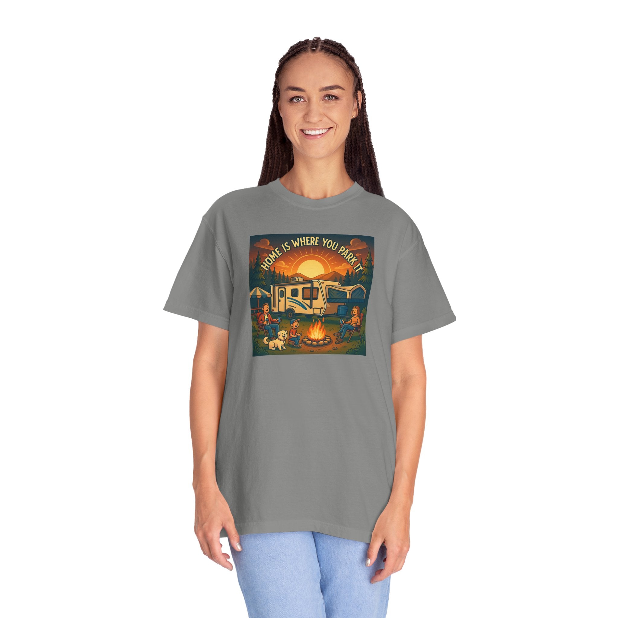 Home Is Where You Park T-shirt - Unisex Garment-Dyed Tee for Campers, Adventure Lovers, Outdoor Enthusiasts, Gift Idea