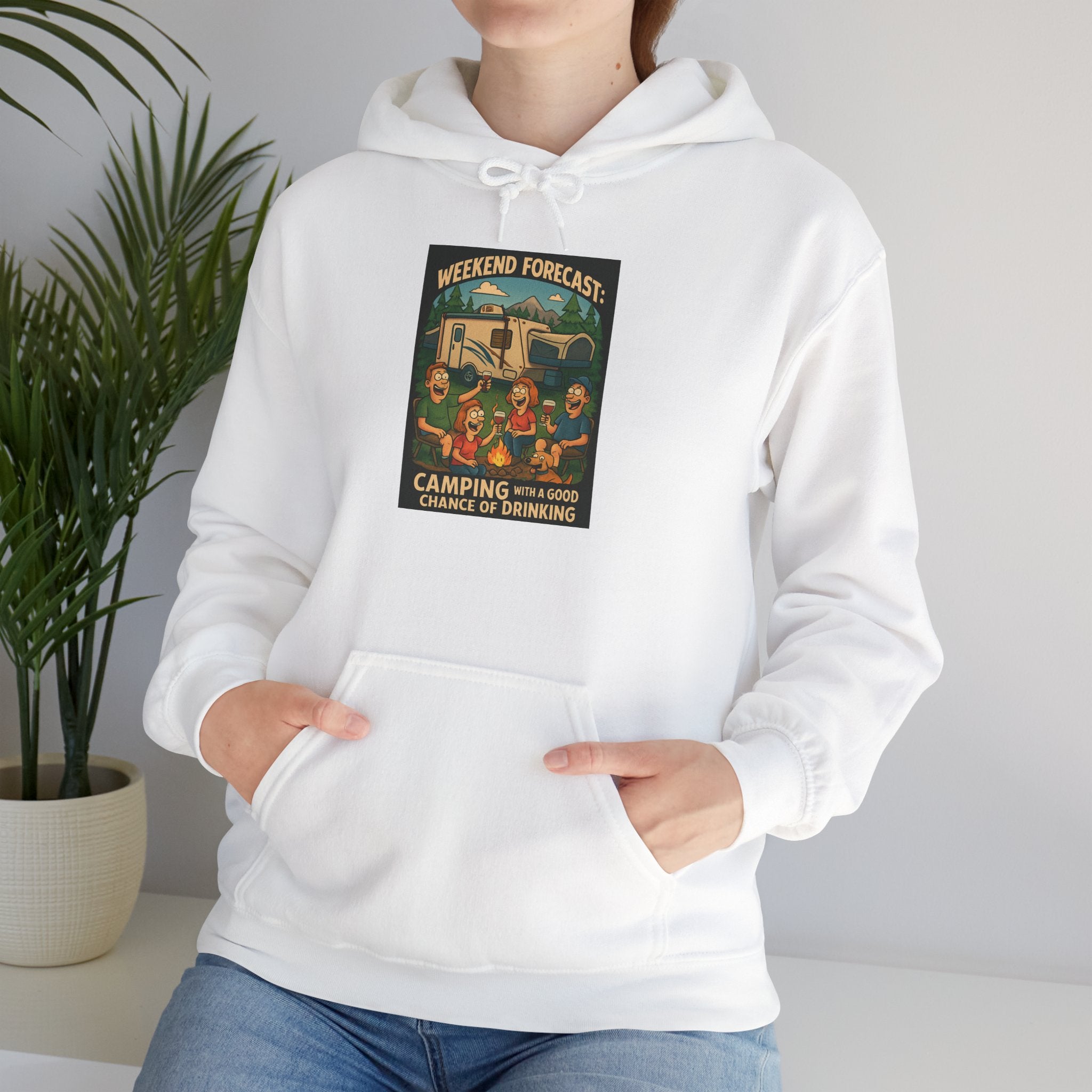 Camping Forecast Graphic Hoodie, Unisex Heavy Blend Sweatshirt, Outdoor Apparel, Weekend Getaway Gift, Nature Lover Clothing