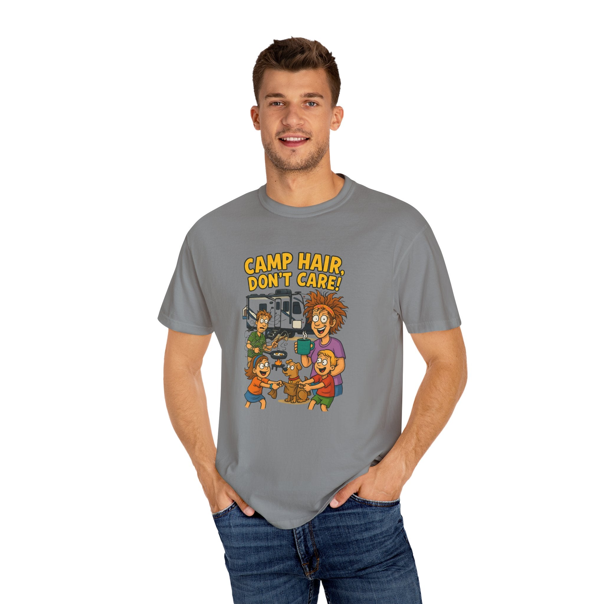 Camp Hair Don't Care T-Shirt, Unisex Garment-Dyed Tee, Camping Apparel, Funny Summer Shirt, Outdoor Lovers Gift, Vacation Essential