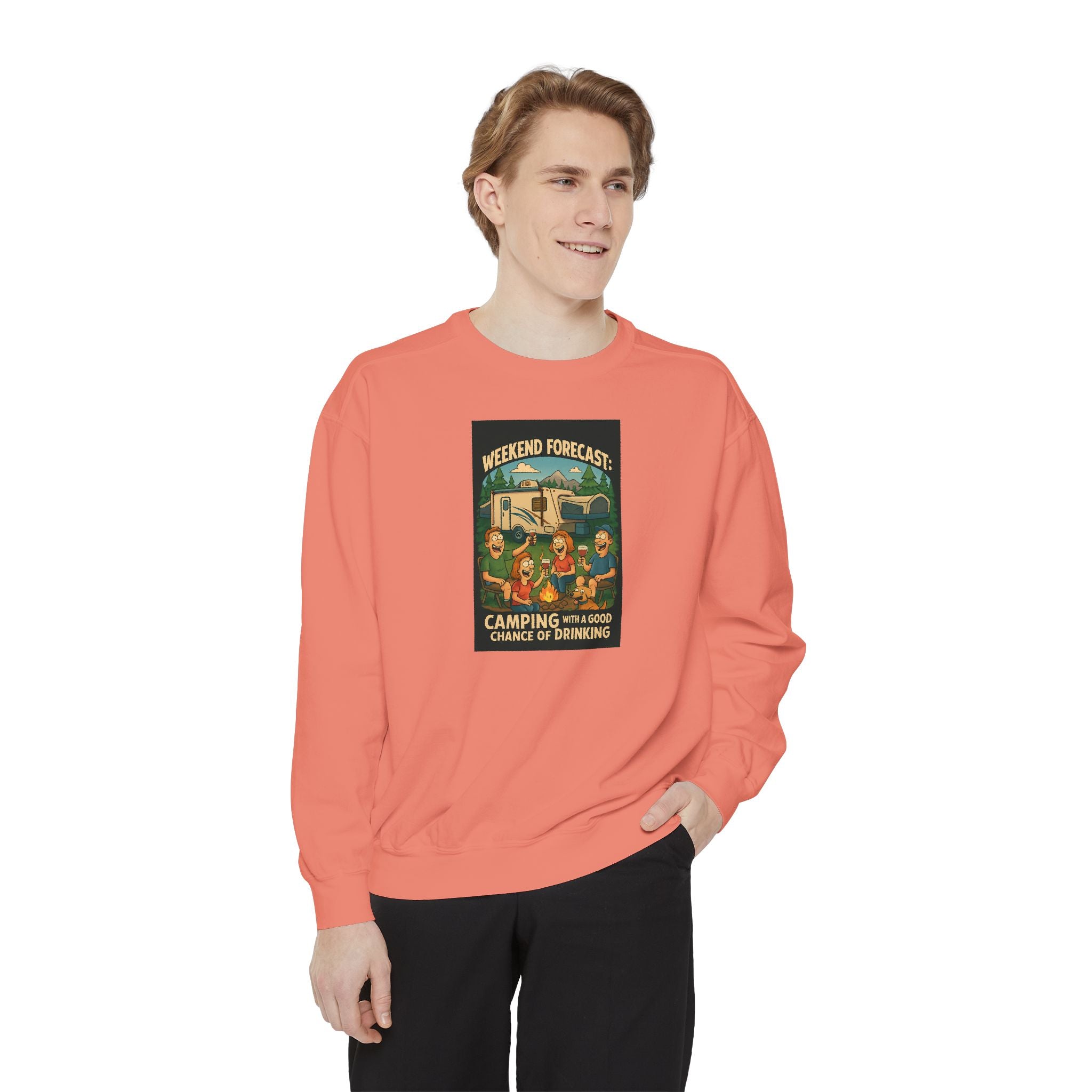 Weekend Forecast Camping Sweatshirt, Cozy Unisex Sweatshirt, Gift for Campers, Outdoor Adventure Apparel, Relaxed Fit Sweatshirt