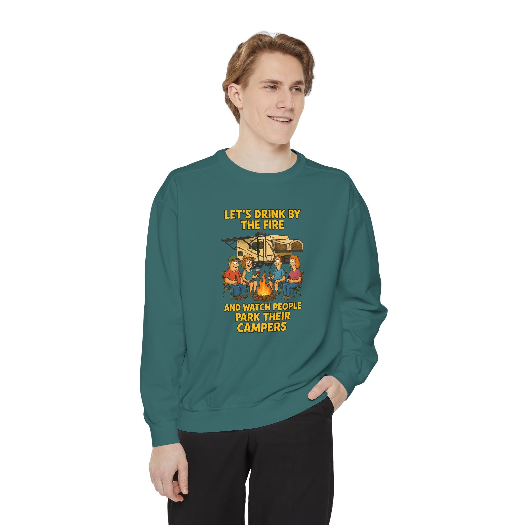Cozy Campfire Sweatshirt - Let’s Drink by the Fire, Unisex Pullover, Perfect for Bonfires, Camping Trips, Outdoor Gatherings, Cozy Nights