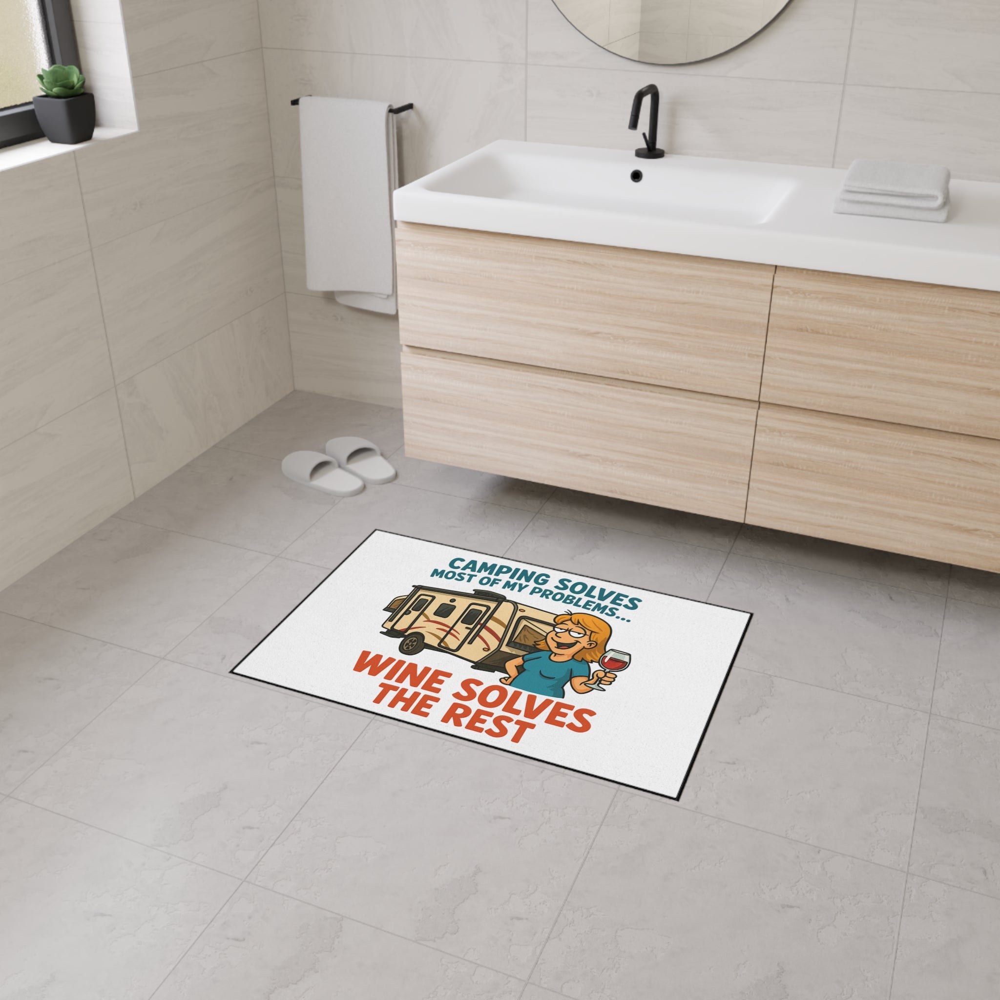 Camping Themed Floor Mat - 'Camping Solves... Wine Solves the Rest', Outdoor Decor, RV Accessories, Gift for Campers, Wine Lovers