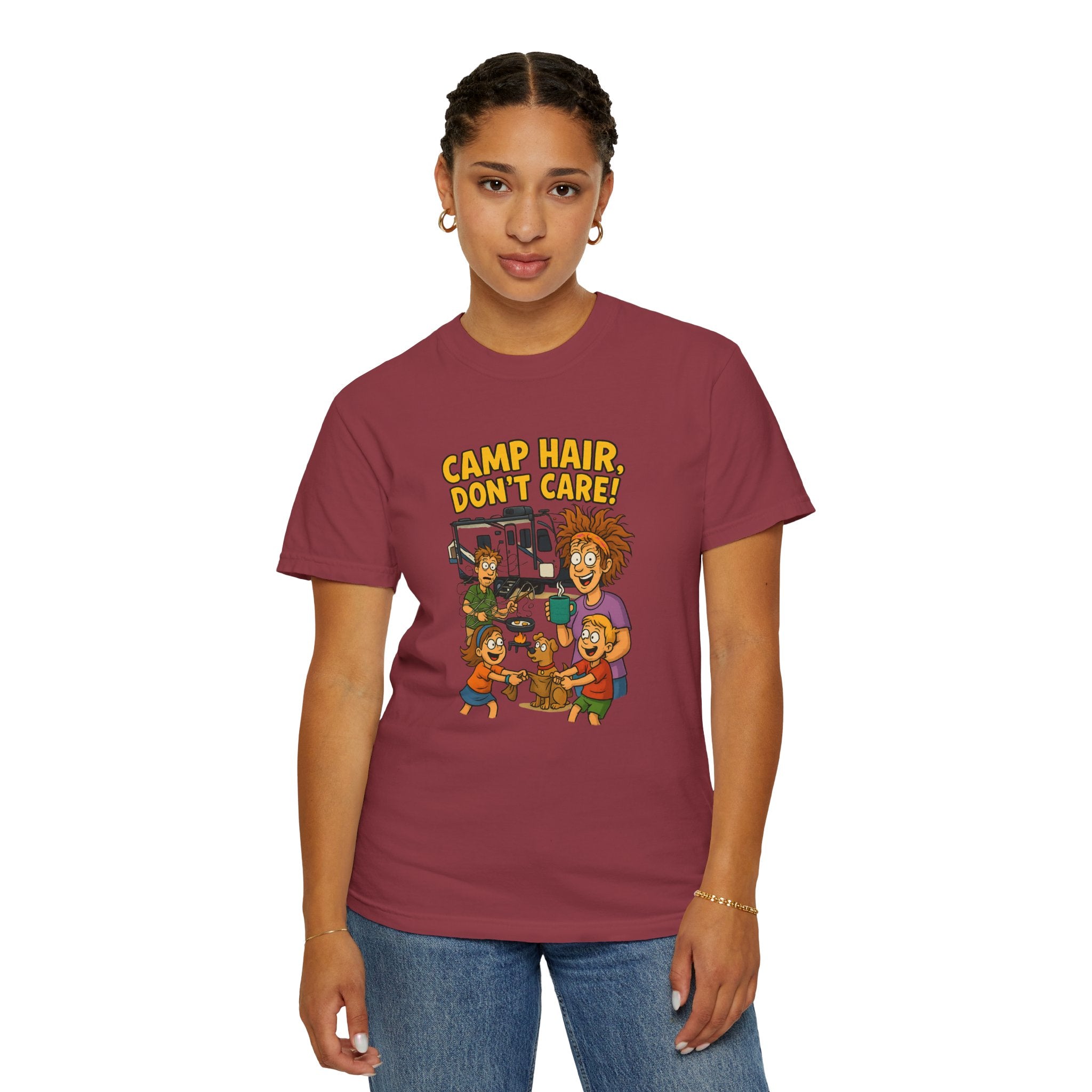 Camp Hair Don't Care T-Shirt, Unisex Garment-Dyed Tee, Camping Apparel, Funny Summer Shirt, Outdoor Lovers Gift, Vacation Essential