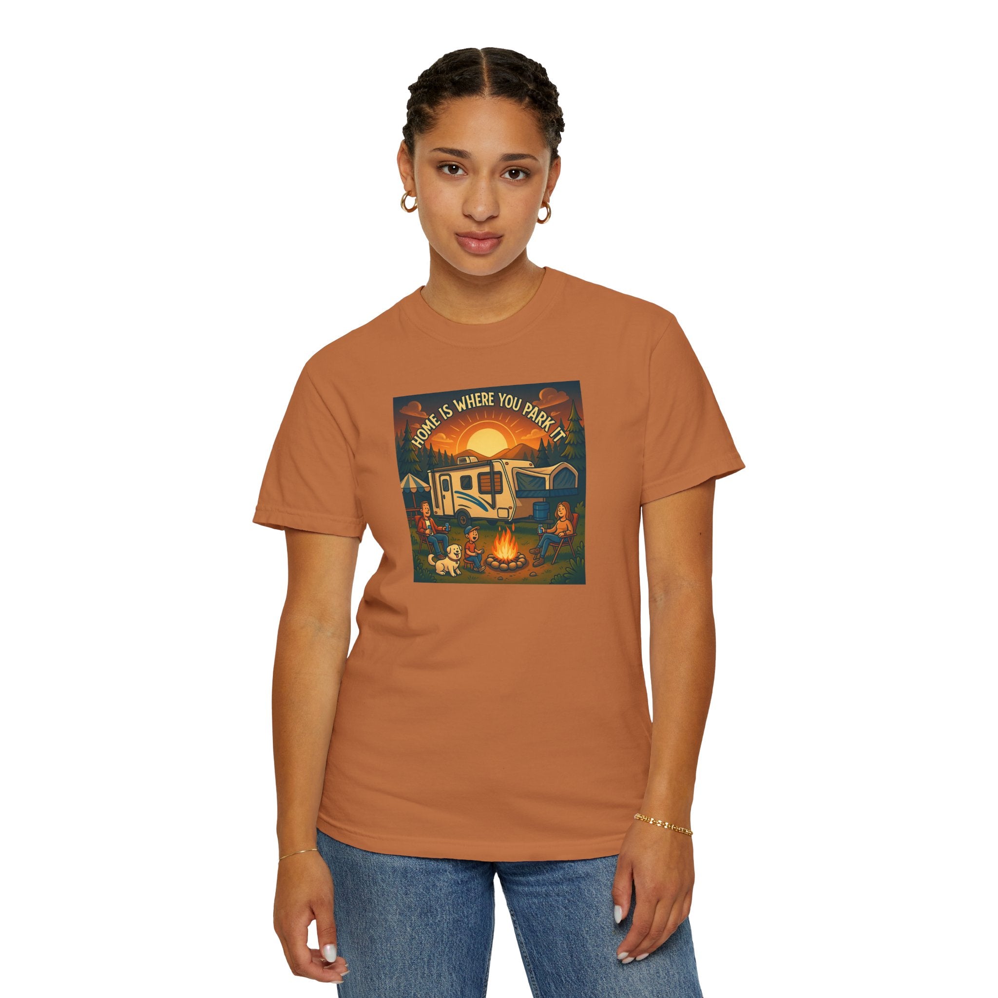 Home Is Where You Park T-shirt - Unisex Garment-Dyed Tee for Campers, Adventure Lovers, Outdoor Enthusiasts, Gift Idea