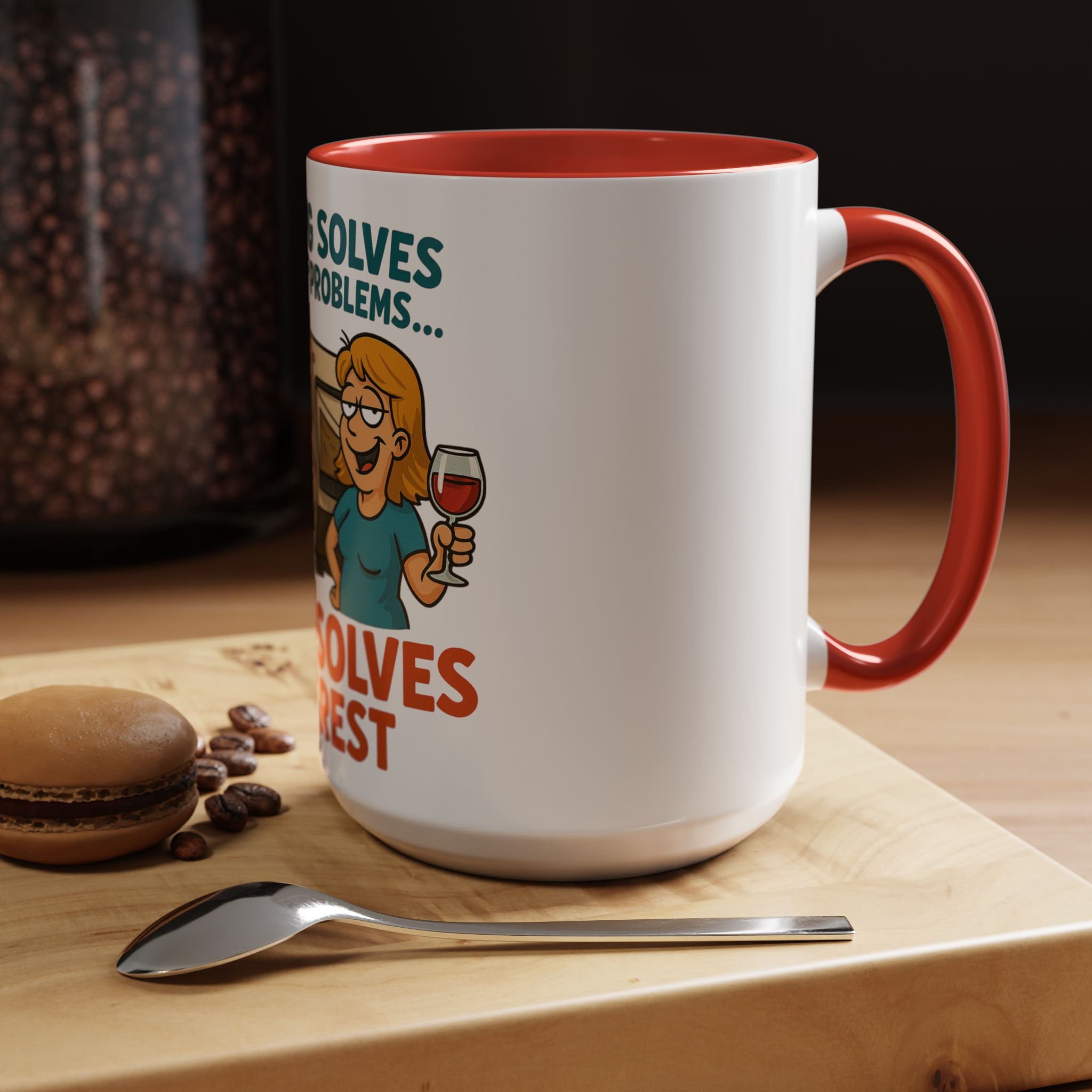 Camping Coffee Mug - Wine Solves the Rest - Fun Camper Mug for Nature Lovers, Gift for Adventurers, Travel Mug, Coffee Lover's Gift