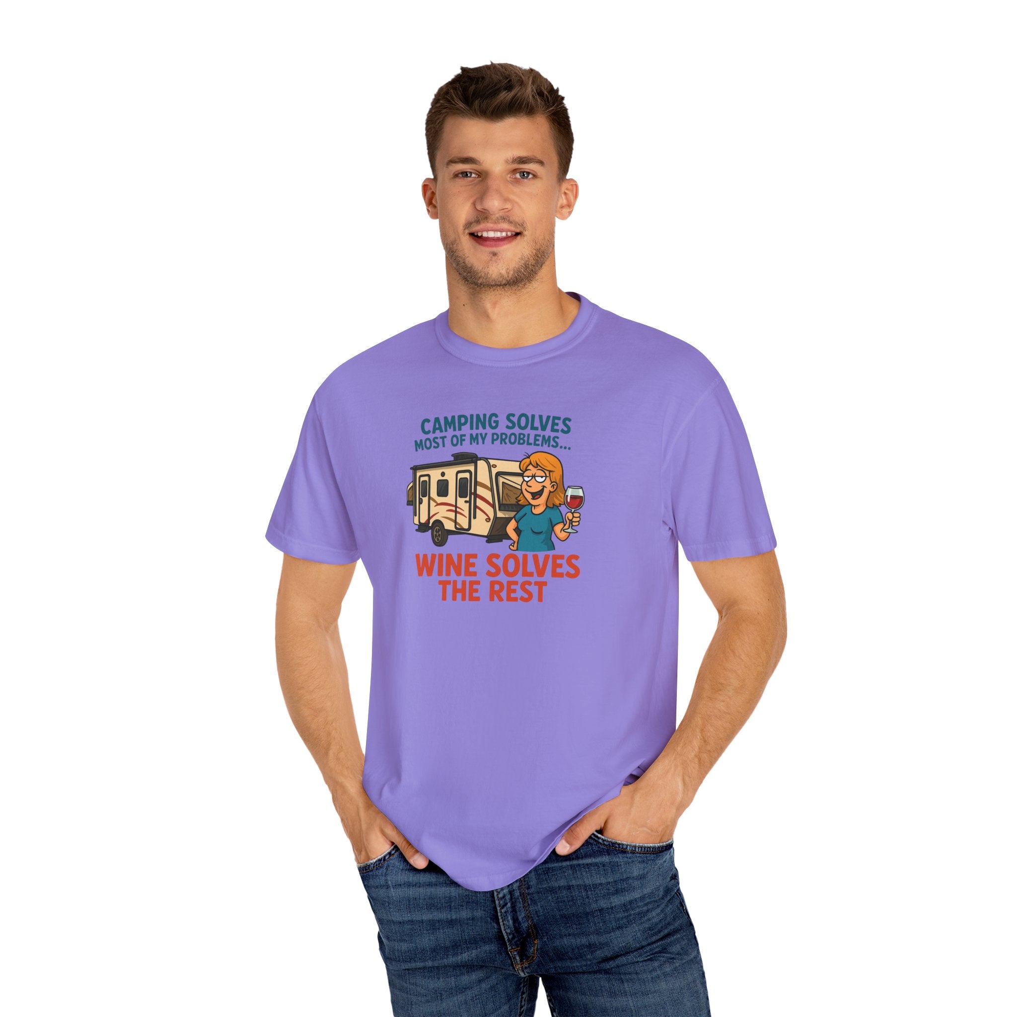 Camping & Wine Unisex T-Shirt, Relaxed Fit Tee, Perfect Gift for Campers, Wine Lovers, Outdoor Enthusiasts, Summer Celebrations