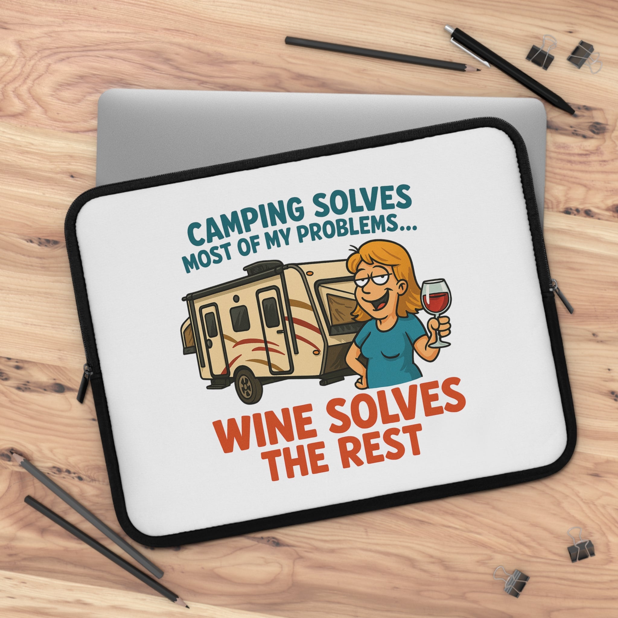 Camping Wine Lover's Laptop Sleeve, Neoprene Case, RV Gift, Wine Enthusiast Accessory, Outdoor Adventure Organizer