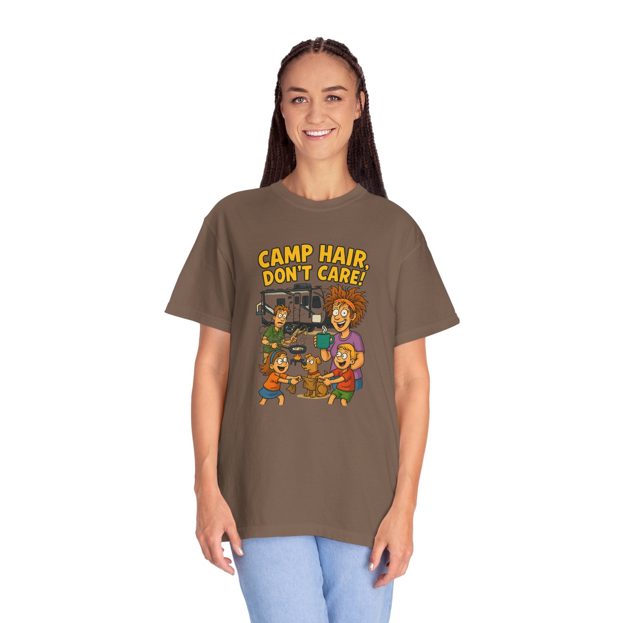 Camp Hair Don't Care T-Shirt, Unisex Garment-Dyed Tee, Camping Apparel, Funny Summer Shirt, Outdoor Lovers Gift, Vacation Essential