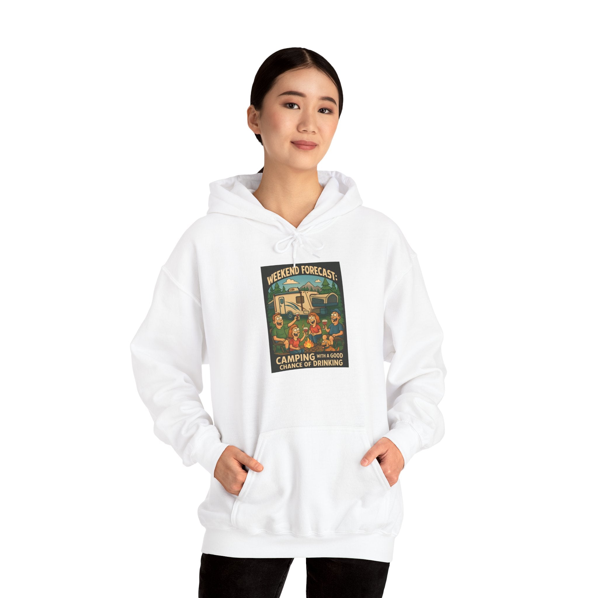 Camping Forecast Graphic Hoodie, Unisex Heavy Blend Sweatshirt, Outdoor Apparel, Weekend Getaway Gift, Nature Lover Clothing