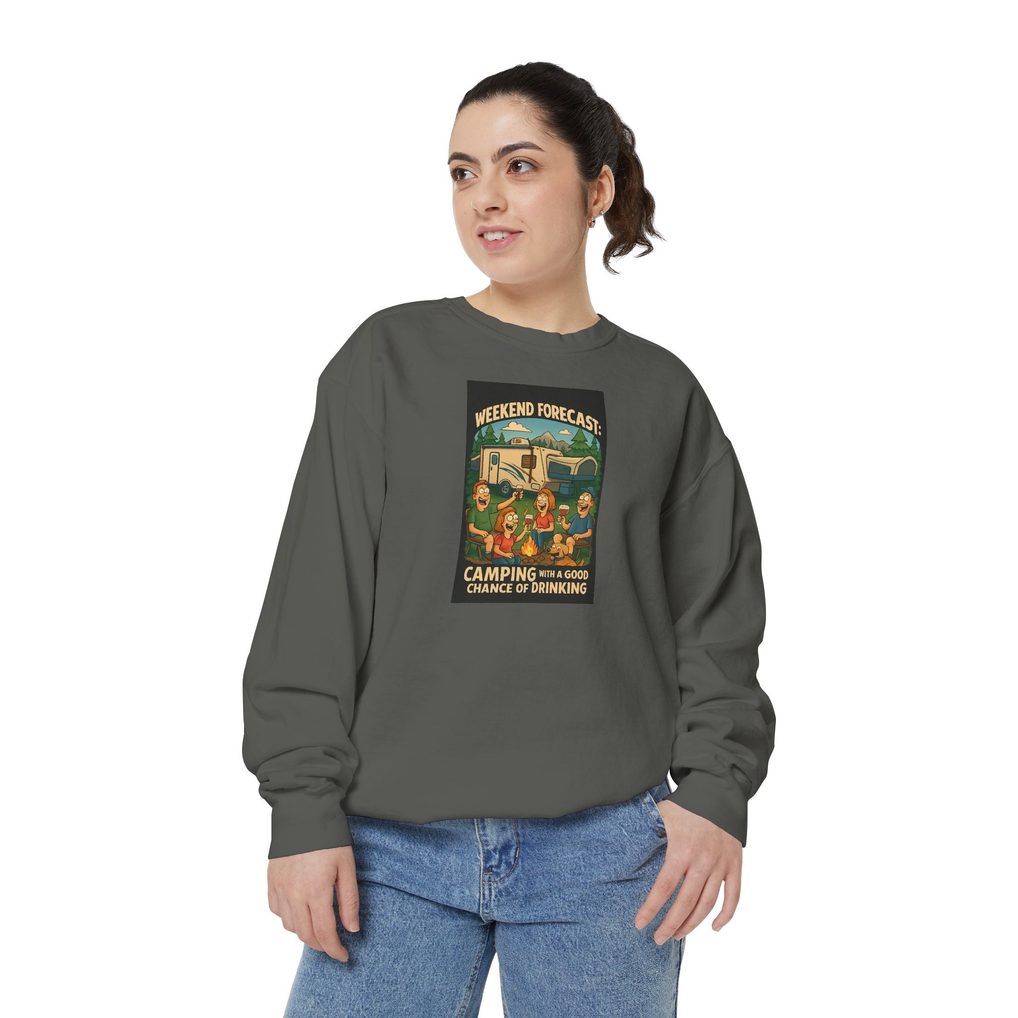 Weekend Forecast Camping Sweatshirt, Cozy Unisex Sweatshirt, Gift for Campers, Outdoor Adventure Apparel, Relaxed Fit Sweatshirt