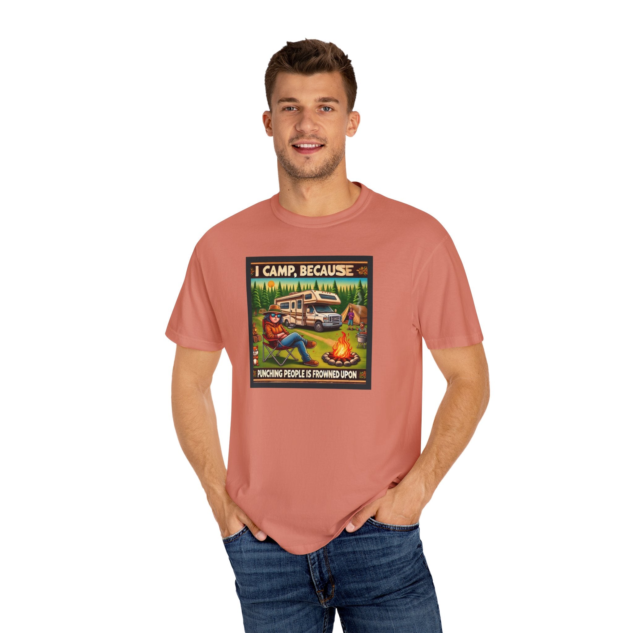 Camp themed Garment-Dyed T-shirt - 'I CAMP, because punching people is frowned upon'