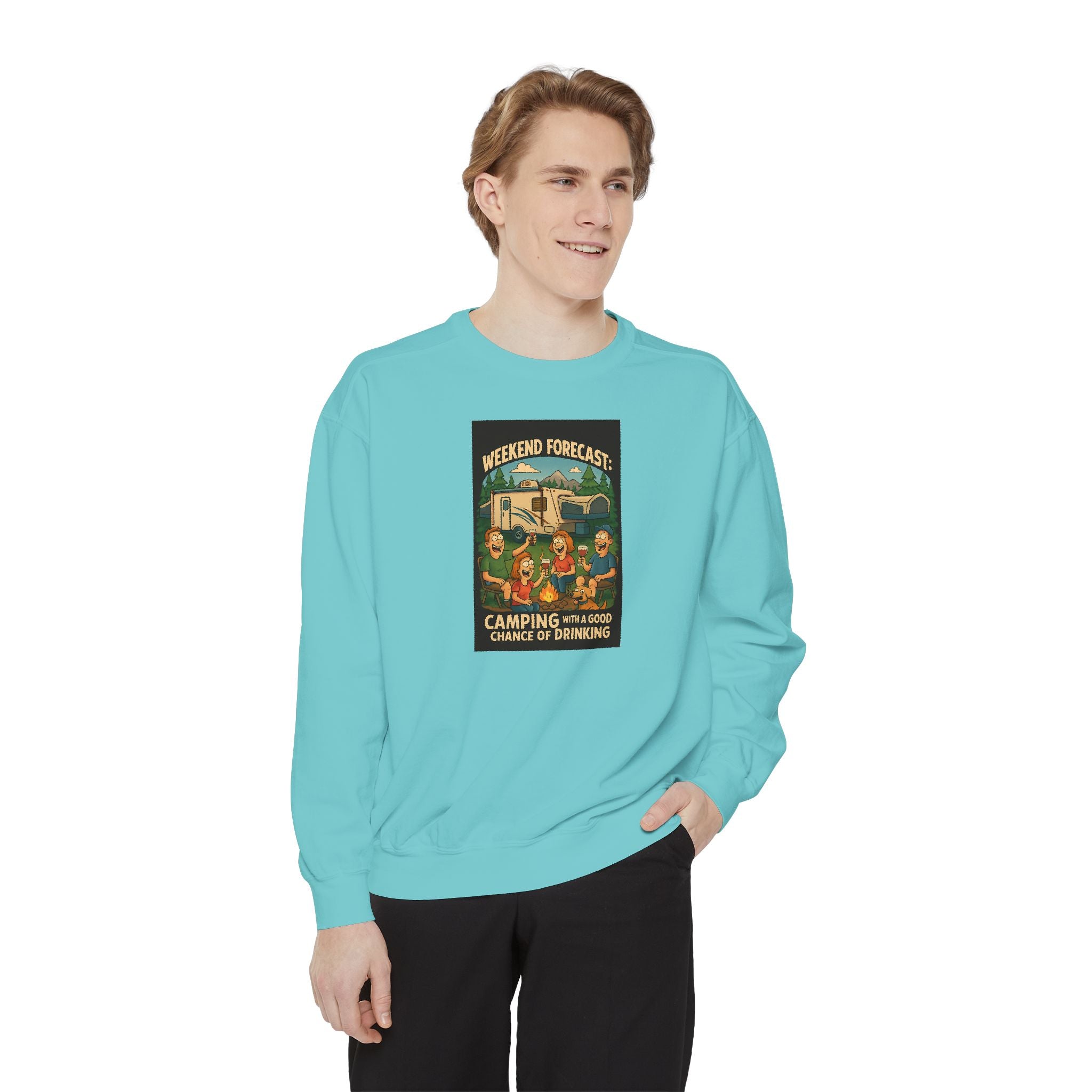 Weekend Forecast Camping Sweatshirt, Cozy Unisex Sweatshirt, Gift for Campers, Outdoor Adventure Apparel, Relaxed Fit Sweatshirt
