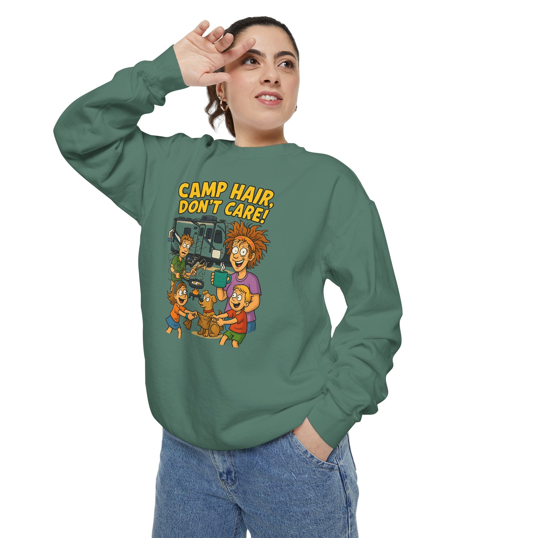 Camp Hair Don't Care Sweatshirt, Cozy Unisex Sweater, Perfect for Campers, Gift for Travel Lovers, Casual Outfit, All Season