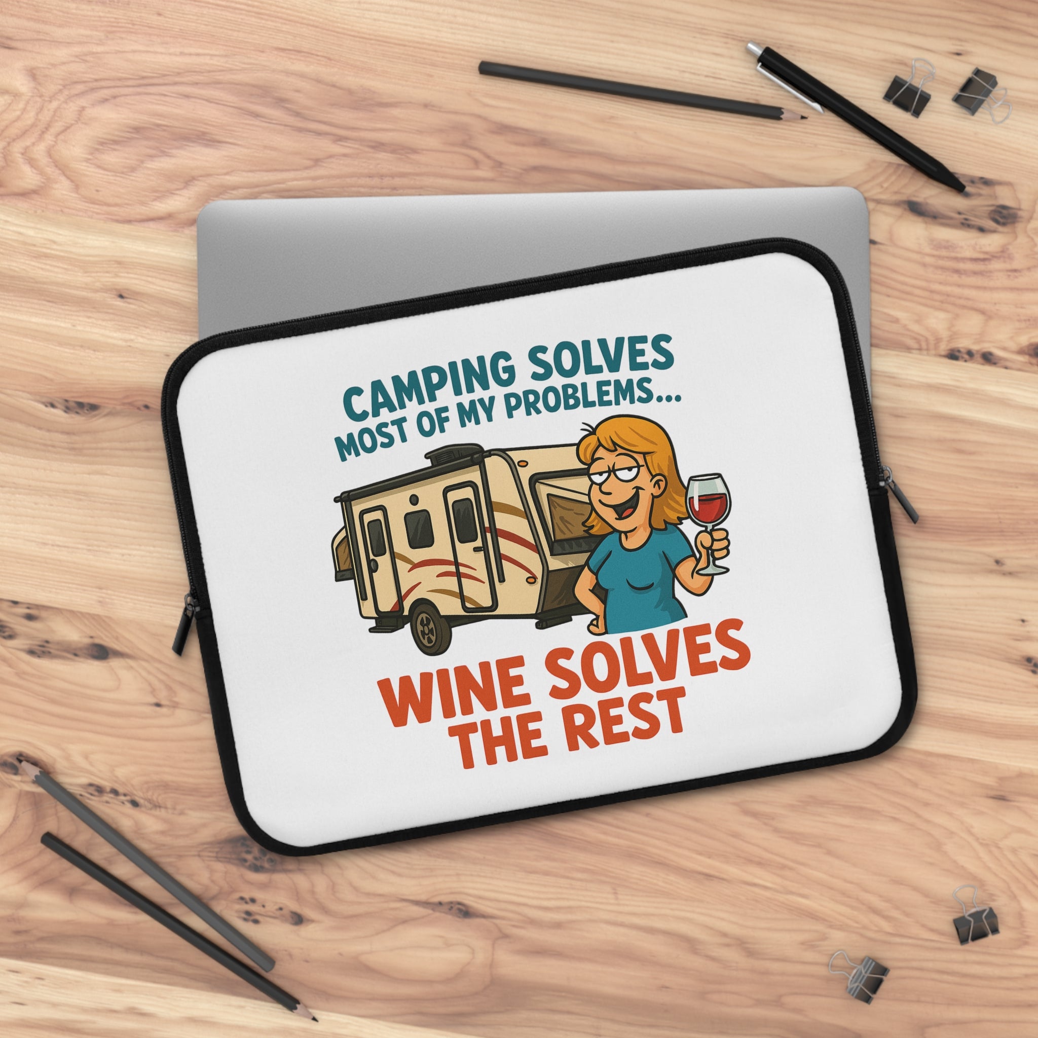 Camping Wine Lover's Laptop Sleeve, Neoprene Case, RV Gift, Wine Enthusiast Accessory, Outdoor Adventure Organizer