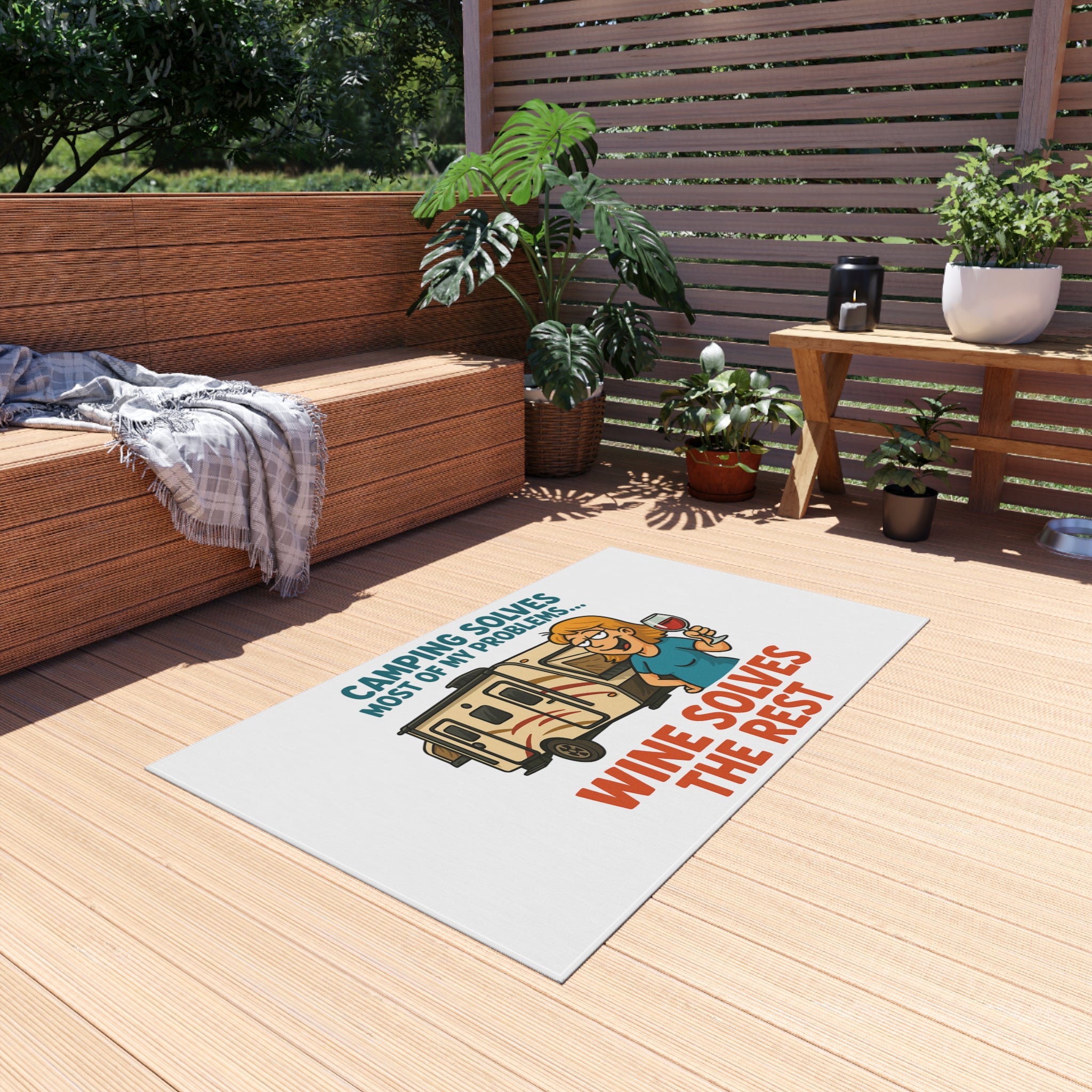 Camping Outdoor Rug - Wine Solves the Rest, Patio Decor, RV Accessories, Outdoor Living, Camping Gear