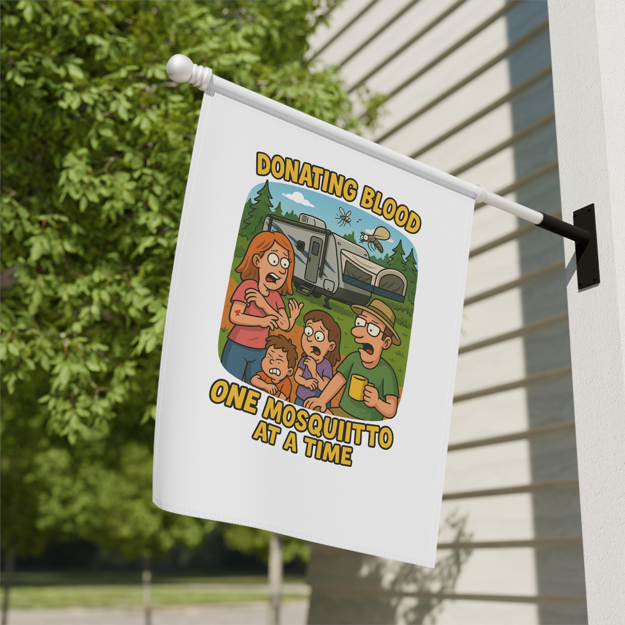 Whimsical Garden Banner, Family Outdoor Decor, Fun Holiday Greetings, Humorous Yard Sign, Mosquito Themed Banner, Gardening Gift