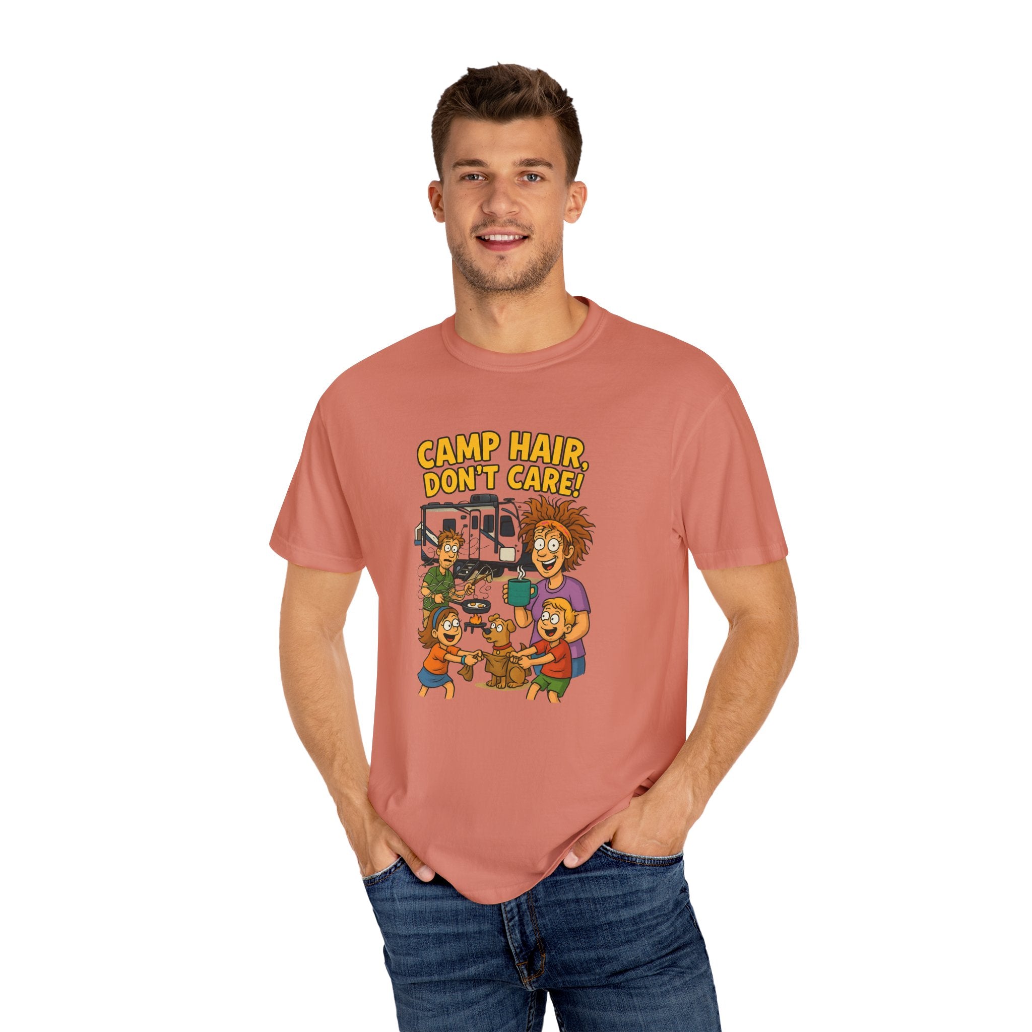 Camp Hair Don't Care T-Shirt, Unisex Garment-Dyed Tee, Camping Apparel, Funny Summer Shirt, Outdoor Lovers Gift, Vacation Essential