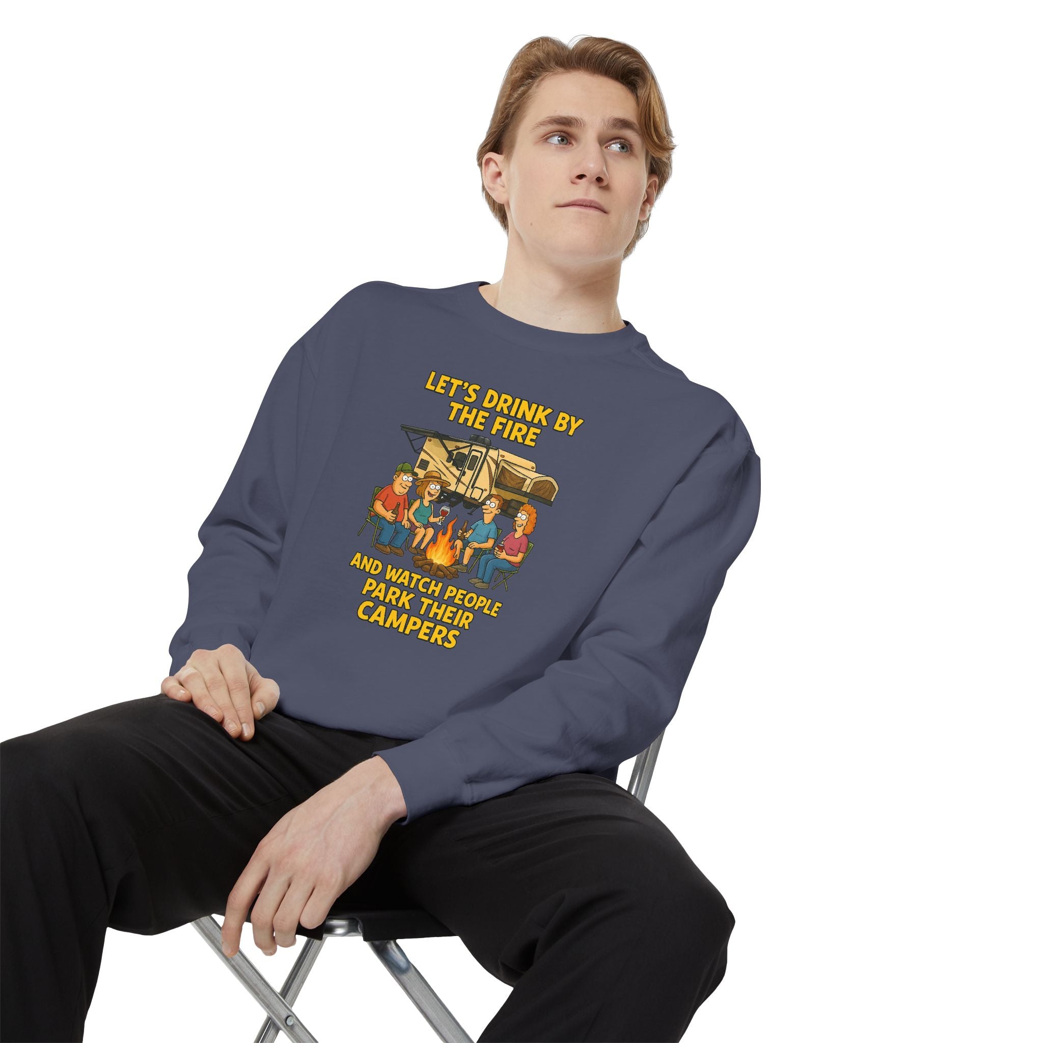 Cozy Campfire Sweatshirt - Let’s Drink by the Fire, Unisex Pullover, Perfect for Bonfires, Camping Trips, Outdoor Gatherings, Cozy Nights