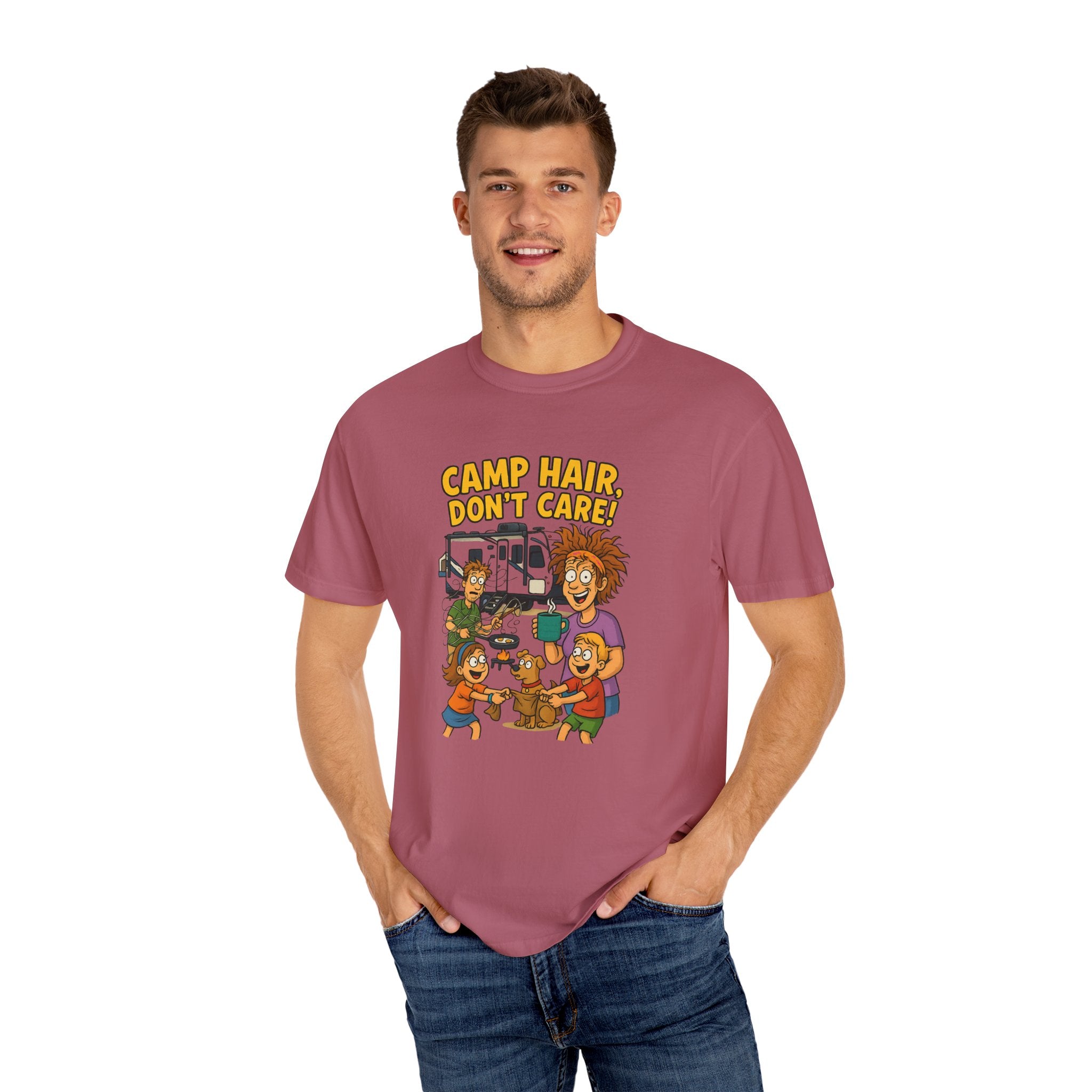 Camp Hair Don't Care T-Shirt, Unisex Garment-Dyed Tee, Camping Apparel, Funny Summer Shirt, Outdoor Lovers Gift, Vacation Essential