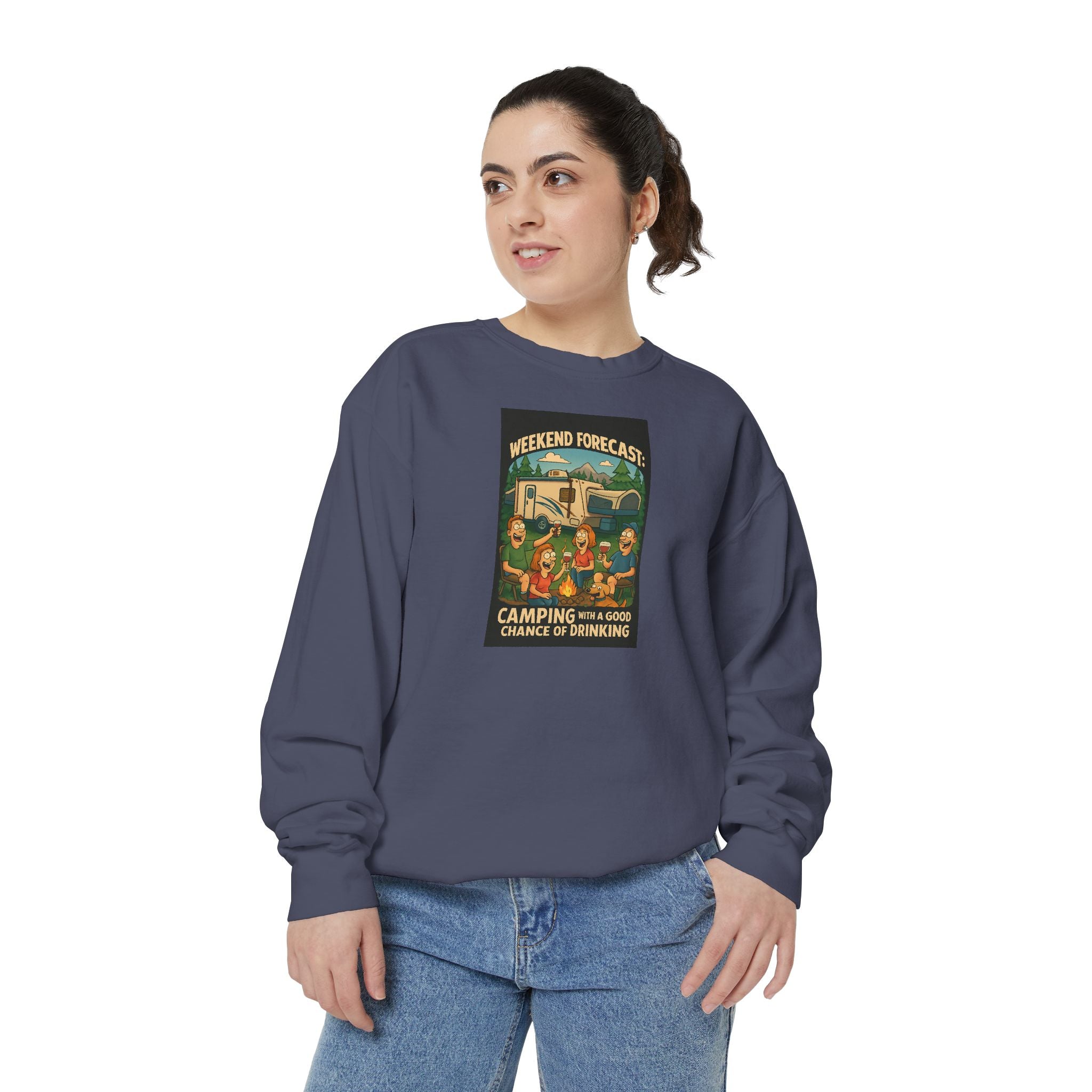 Weekend Forecast Camping Sweatshirt, Cozy Unisex Sweatshirt, Gift for Campers, Outdoor Adventure Apparel, Relaxed Fit Sweatshirt